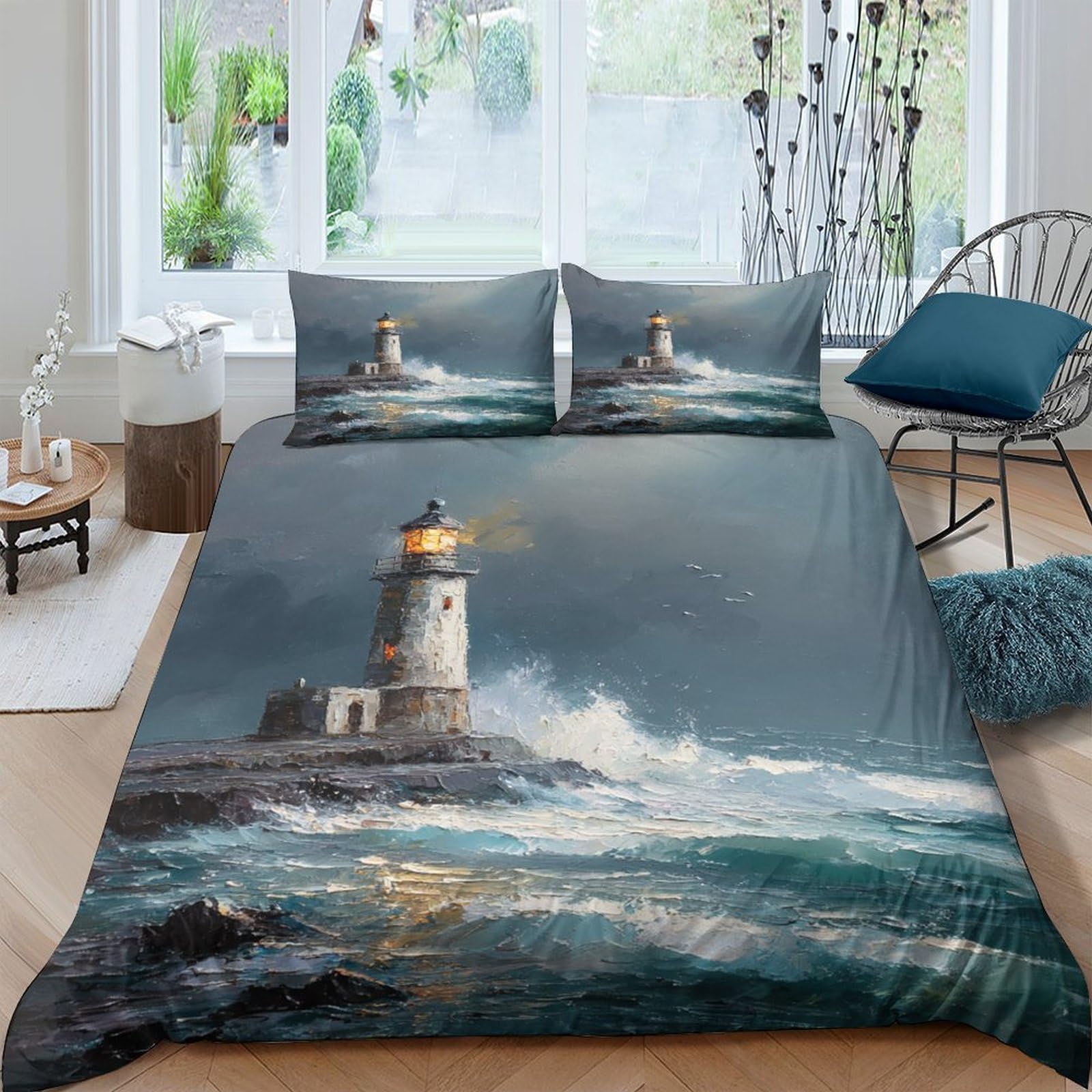 Ctjqhvkz Style-7 3D Printed Lighthouse Coastal Wave Fitted Sheet Microfiber Soft Bed Cover Bedroom Decor Mattress Protection Single（135X200cm）
