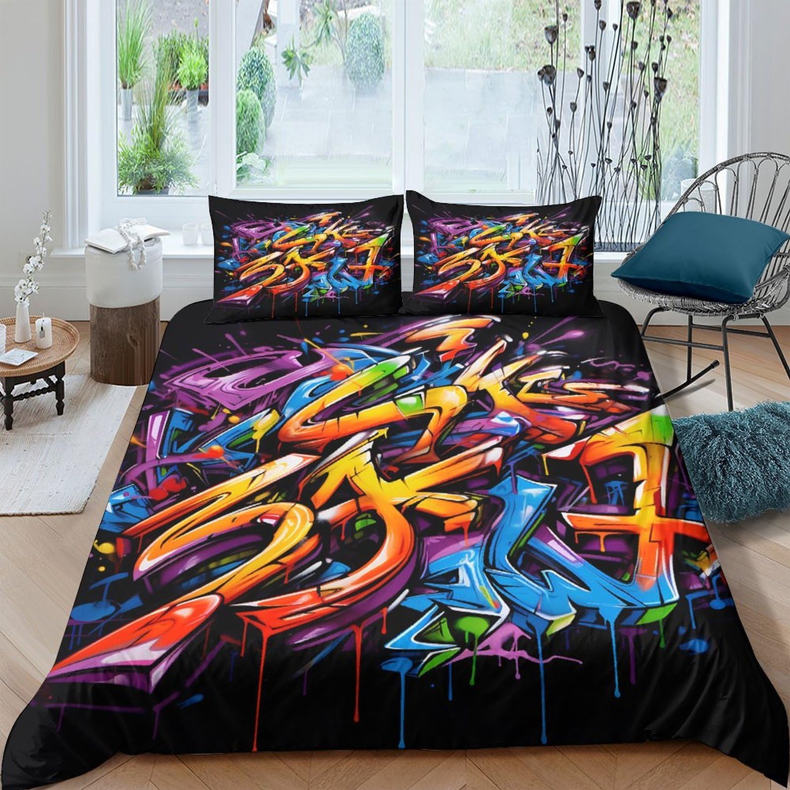 Ctjqhvkz Style-5 3D Printed Graffiti Street Art Fitted Sheet Microfiber Colourful Urban Wall Bed Cover For Bedroom Guestroom Protection Single（135X200cm）