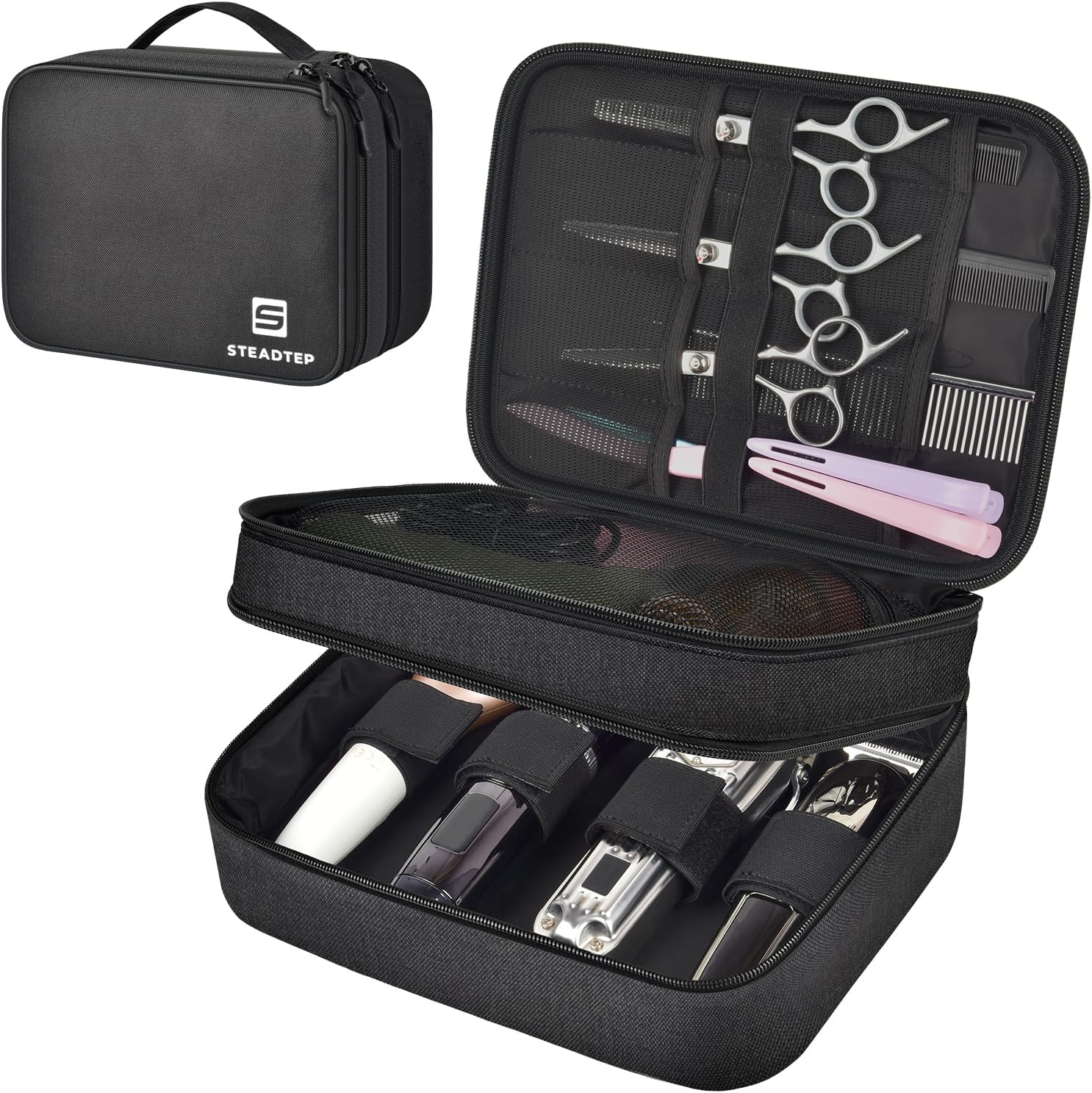 Hair Clipper Case Barber Bag Double Layer Large Capacity Organizer for Clippers, Guards, Scissors & Accessories, with Transparent Pouch (Box Only) (BLACK, MEDIUM)