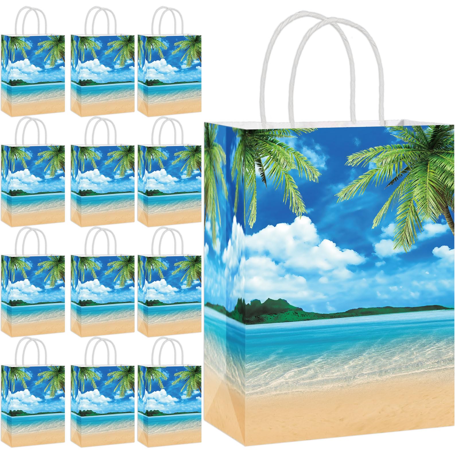 Chunnin 12 PCS Summer Beach Theme Paper Bags Hawaiian Beach Ocean Gift Bags Supplies Summer Tropical Party Bag Ocean Party Gift Bag for Kids Birthday Baby Shower Hawaiian Luau Theme Favors