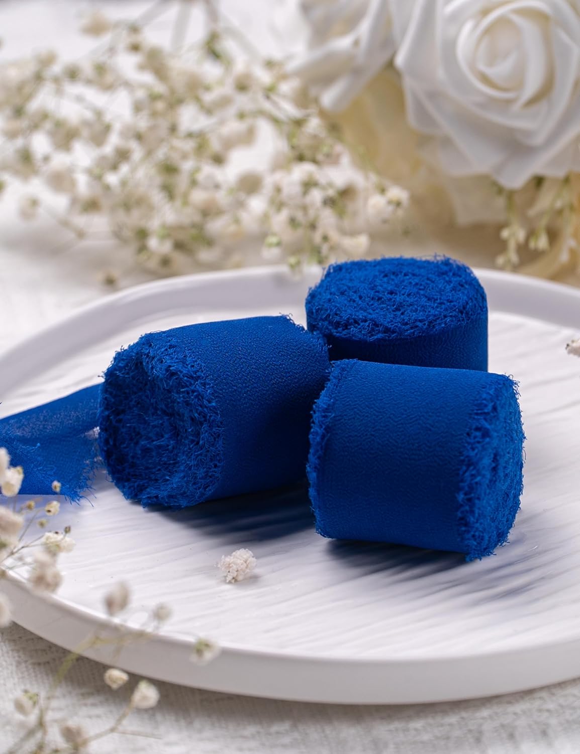 Chiffon Ribbon, Royal Blue Graduation Ribbons, 1.5''x21Yards Handmade Frayed Fringe Silk Ribbon for Gift Wrapping, Floral Vase Decoration, Mother's Day, Birthday, Engagement, Wedding, 3 Rolls