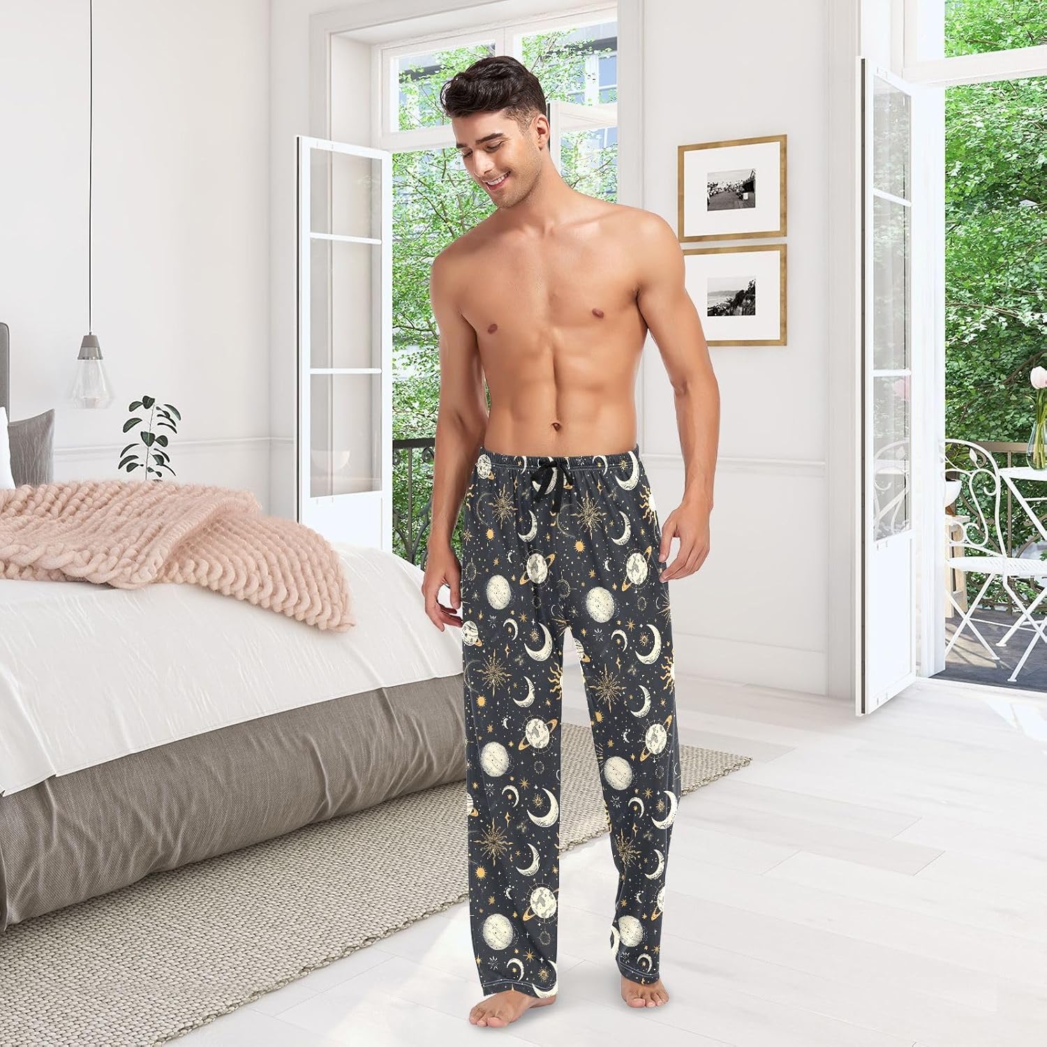 ALAZA Sun Moon Stars Men's Pajama Pants Men Cotton Pajama Bottoms with Pockets, S