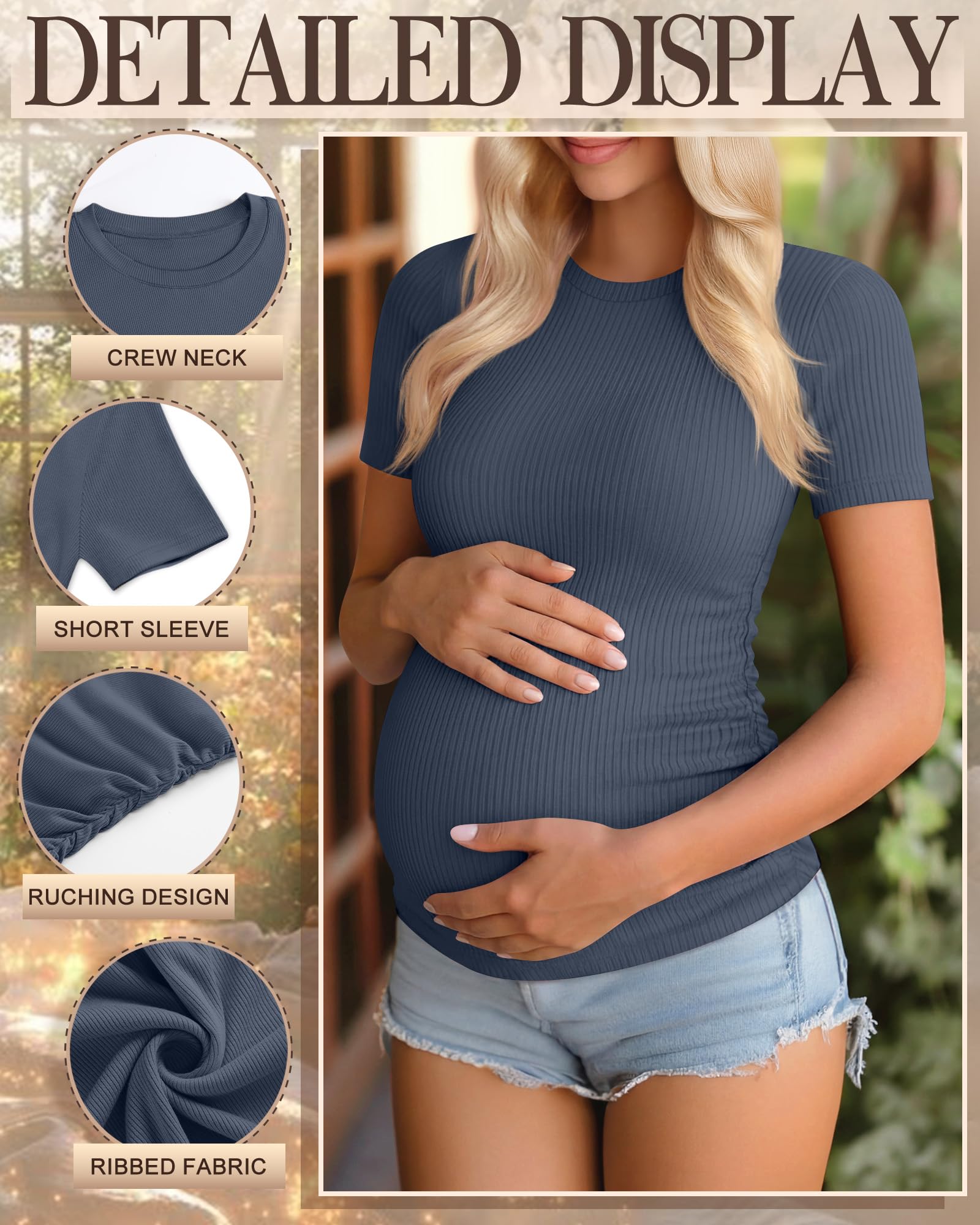 Ficerd Paquete de 3 Camisetas de Maternidad de Algodón, Manga Corta, Arrugas Laterales, Tejido Canalé