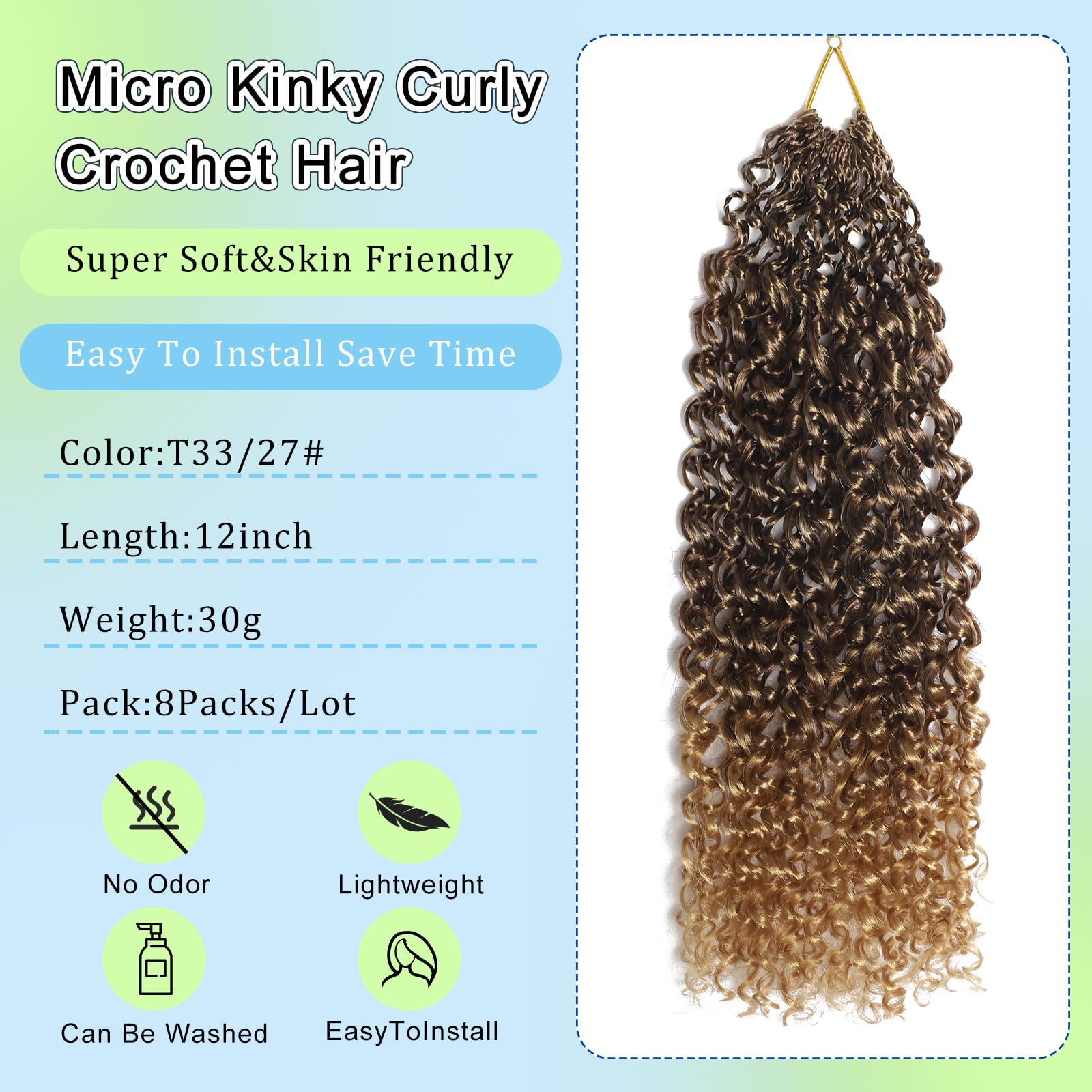 FLWAI Pre Looped Micro Kinky Curly Crochet Hair 8 Packs 12 Inch Yanky Twist Crochet Hair Kinky Twist Synthetic Wavy Curly Crochet Hair Extensions for Black Women (T33/27 - Image 2