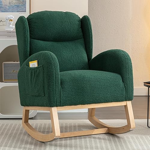 Miniatura 9 de Setawix Mecedora de peluche para guardería, sillón moderno de mediados de siglo con bolsillo lateral, mecedora tapizada de madera con respaldo alto