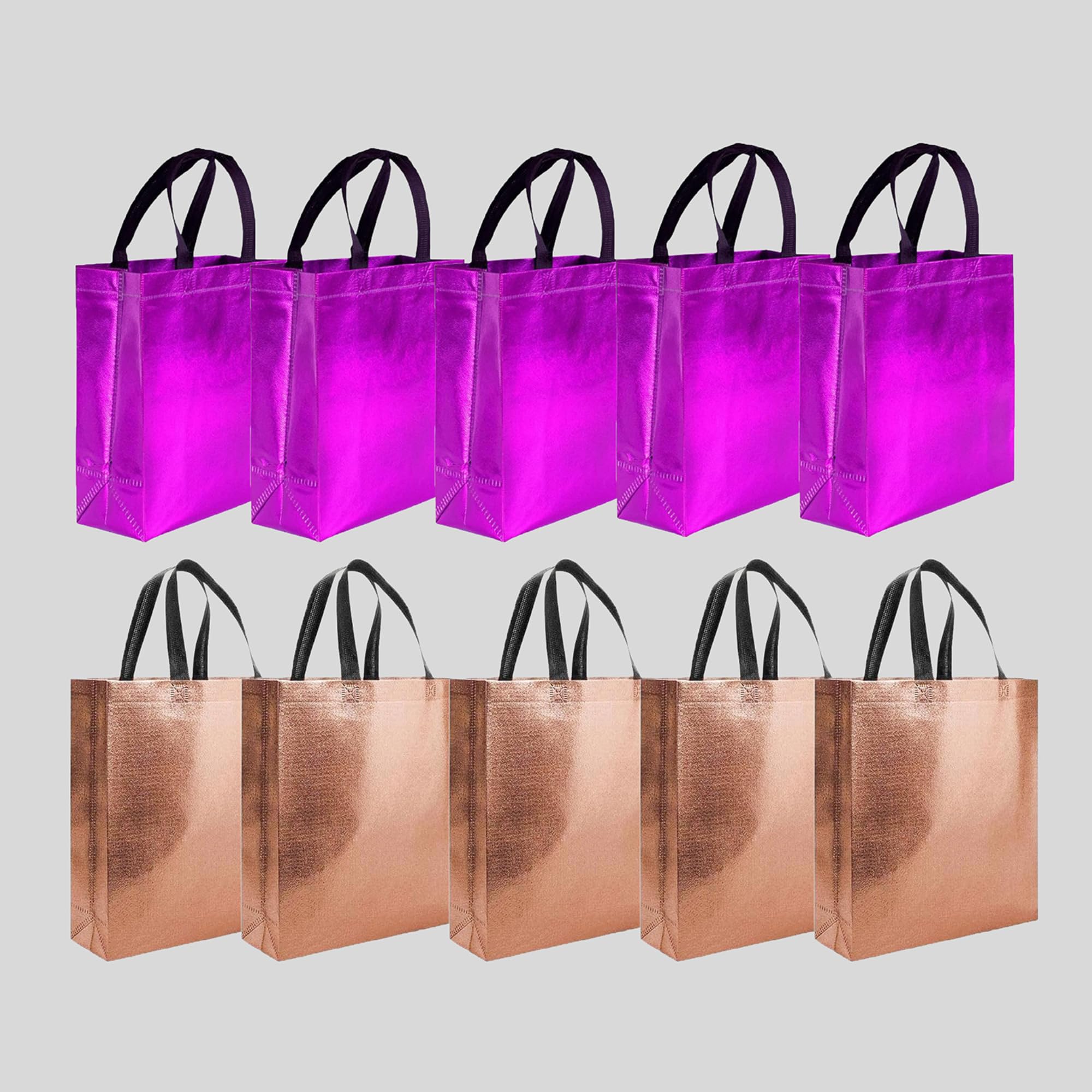 Evafly Gift Bag Medium Size Pack of 10 : L13 x W12 x D4 inch|Resuable Non-Woven Shiny Metallic Laminated|Return Gift For Haldi/Wedding Favours/Baby Shower/Birthday|2 colors|Pink + Copper