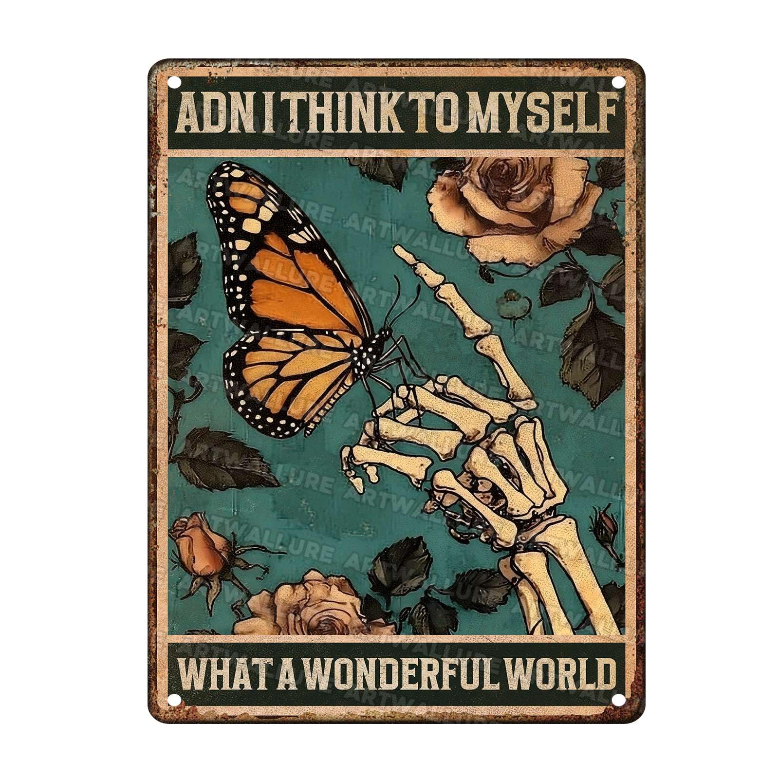 Butterfly Vintage Sign What a Wonderful World Metal Tin Sign Gothic Skull Butterfly Sign for Home Coffee Garden Wall Decor 12x16Inch