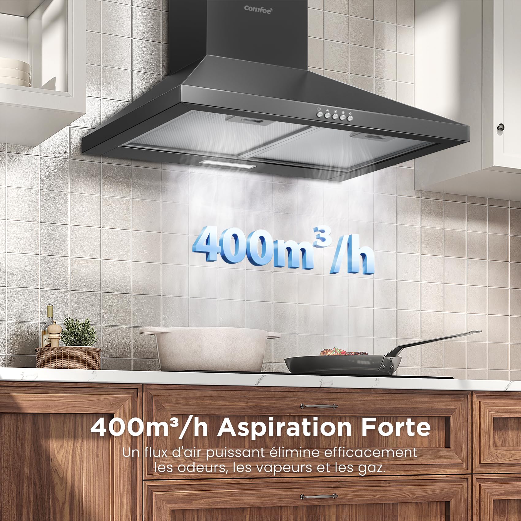 COMFEE' CH60A17EM400SS-EU A++ Hotte Aspirante 60 cm à Recirculation et Évacuation d'air avec Filtre à Charbon Actif, Débit d'air de 400 m³/h, Filtre à Graisse Lavable, Cheminée Réglable, Argenté