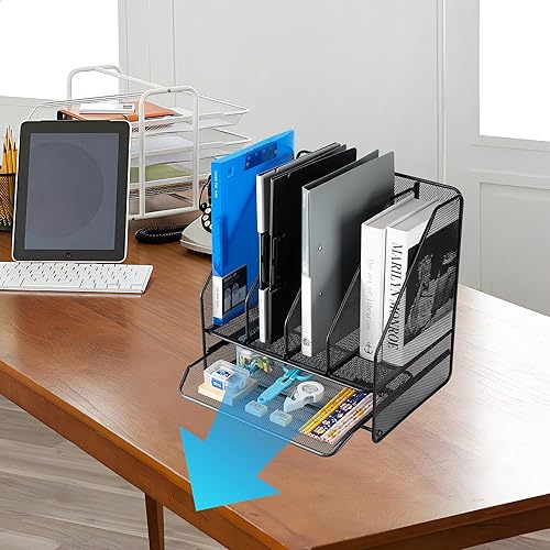 Miniatura 4 de ZNMYDMT Organizador de escritorio de malla, soporte para archivadores, con 4 compartimentos verticales y 1 compartimento inferior, organizadores de