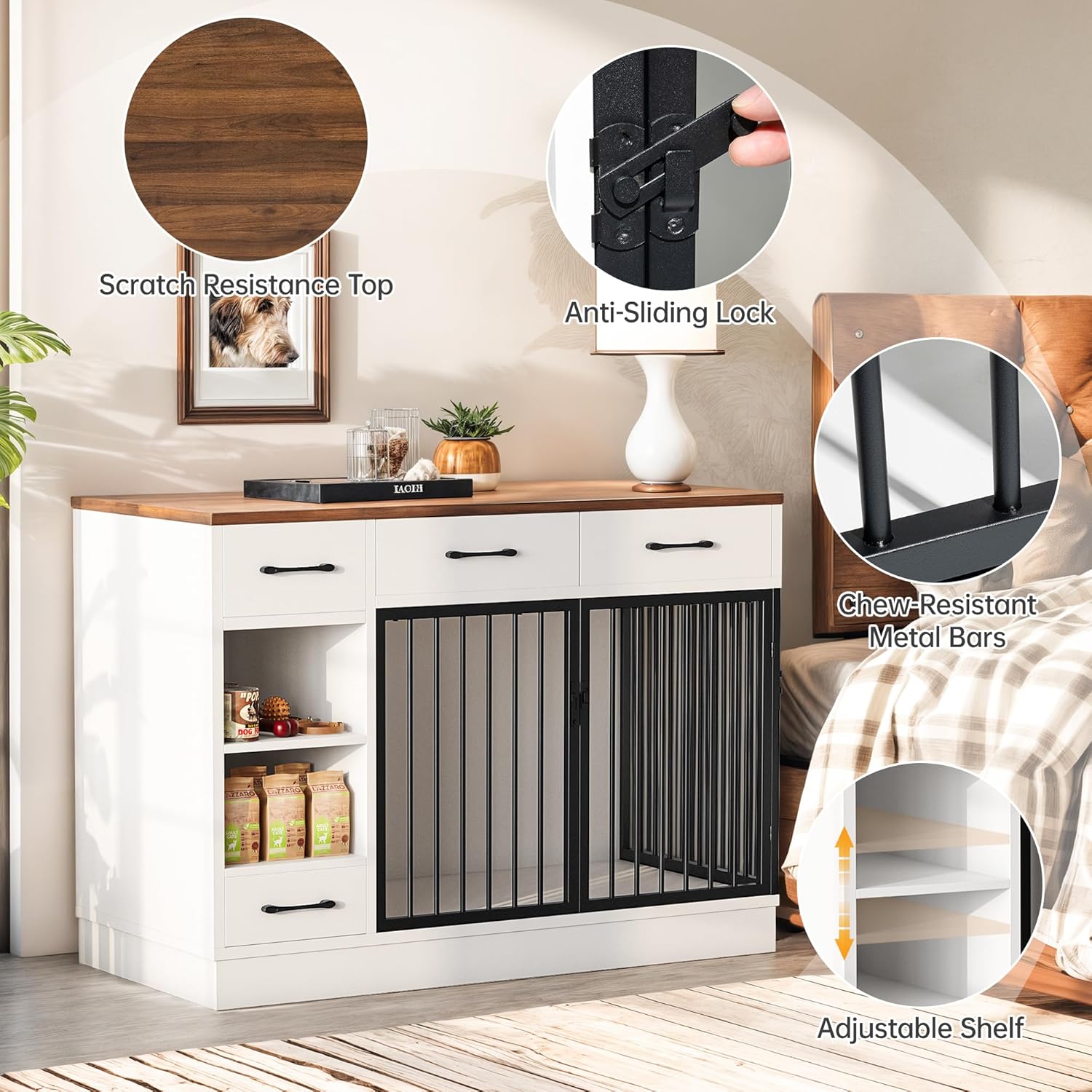 47.2" Large Dog Crate Furniture with 3 Storage Drawers & Hidden Bowl - Wooden Indoor Dog Kennel with Adjustable Shelf, 2 Doors for Small/Medium Dogs, Multi-Functional Pet Cage Furniture