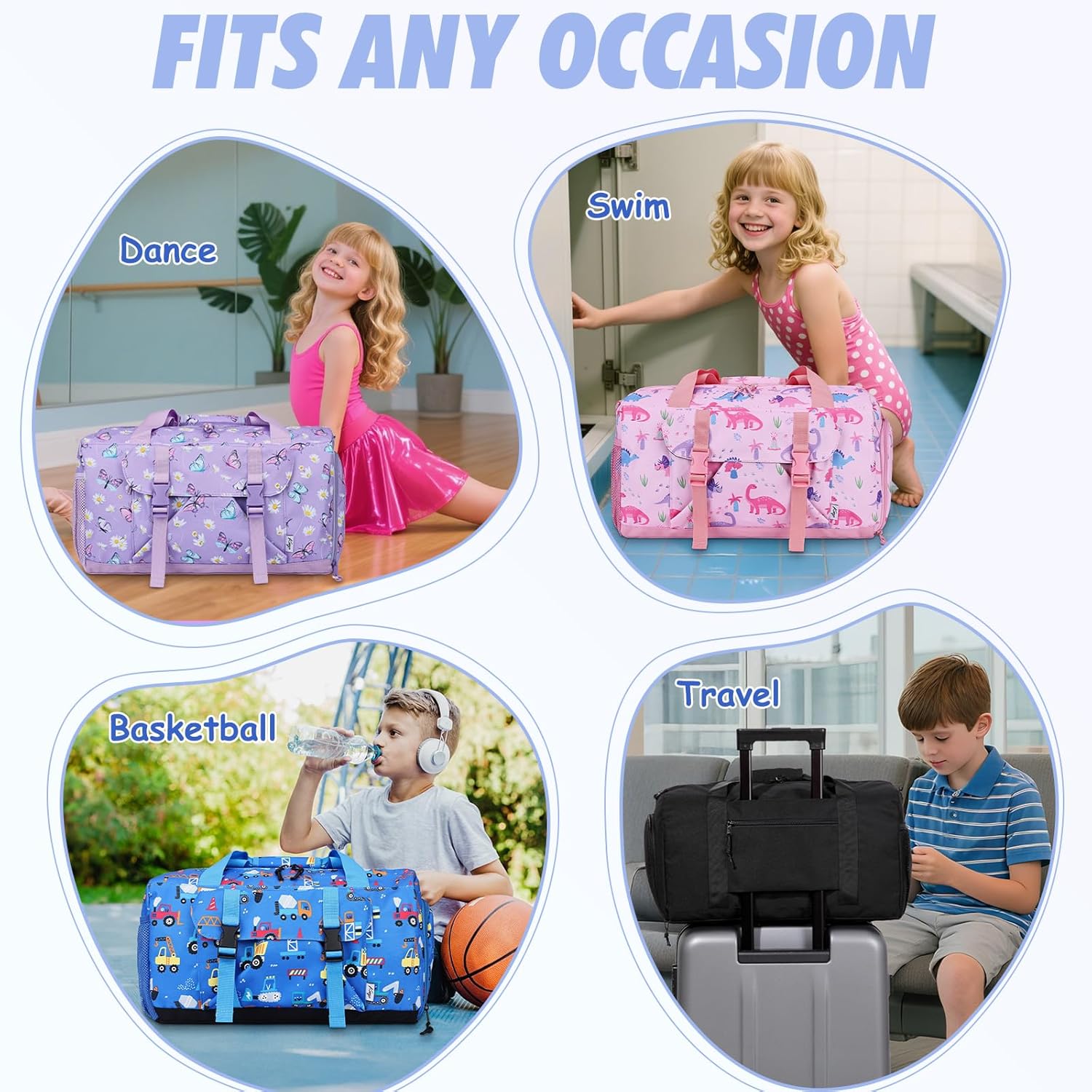 Kids Overnight Duffle Bags,Kasqo Boys Travel Bag Water Resistant Sports Gym Duffel Bag for Teens Girls Sleepover Bag Weekender Carry On Tote with Shoes Compartment Dry Wet Pocket,Blue Cars