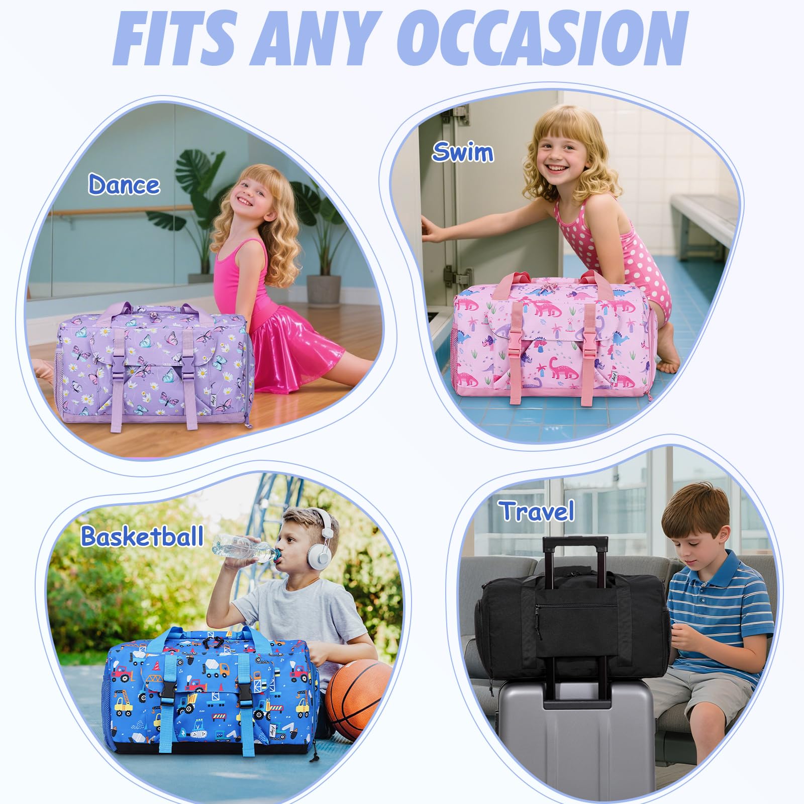 Bolsa de Viaje Infantil, Kasgo Bolsa Deporte Niño Bolsa Danza Niña Ligero Bolso de Fin de Semana con Compartimento de Calzado Impermeable Bolsas de Hombro para Gimnasio Atlético Cámping, Carro Azul
