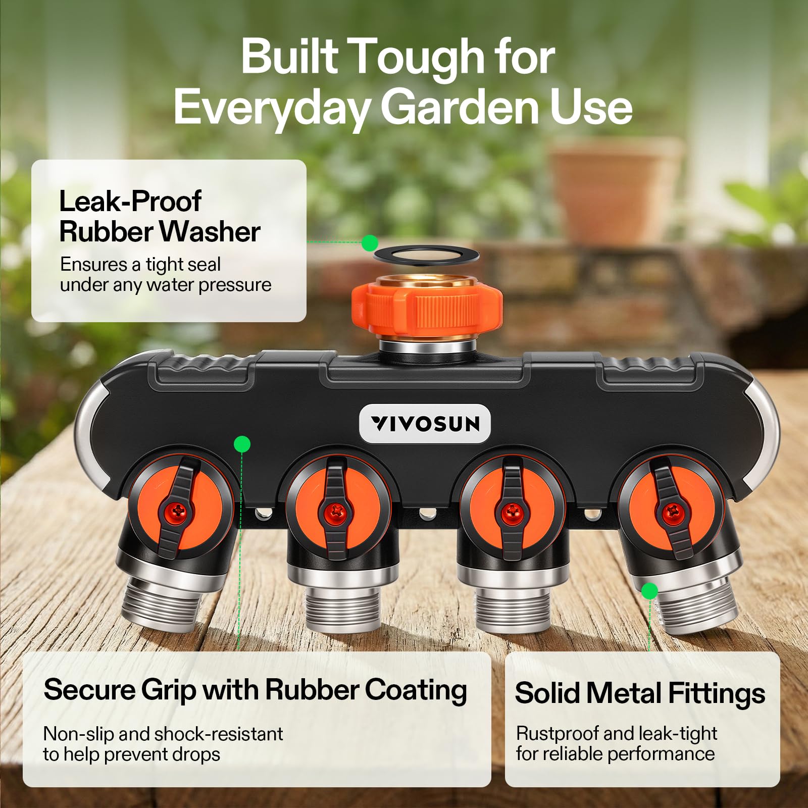 VIVOSUN 4-Wege-Gartenschlauch-Splitter, Wasserschlauchanschluss, Wasserhahn-Adapter mit bequemem, gummiertem Griff für Tropfbewässerung, Rasen