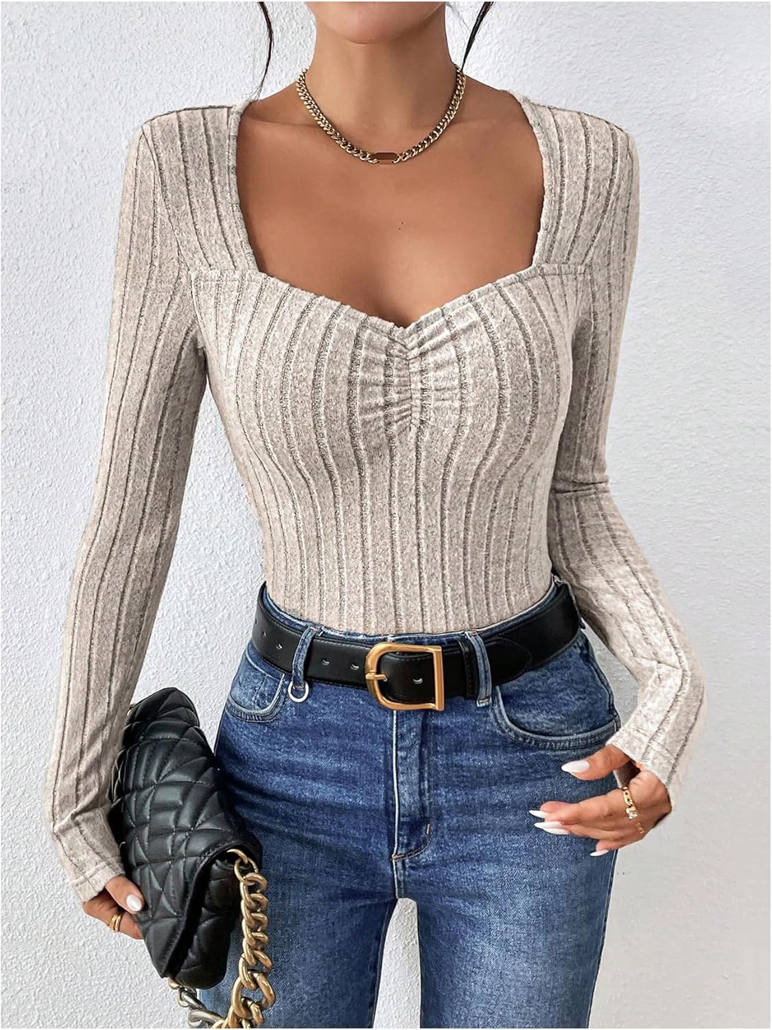 SOLY HUX Women's T Shirt Sweetheart Neck Long Sleeve Ruched Slim Fit Casual Solid Tee Tops - Image 6