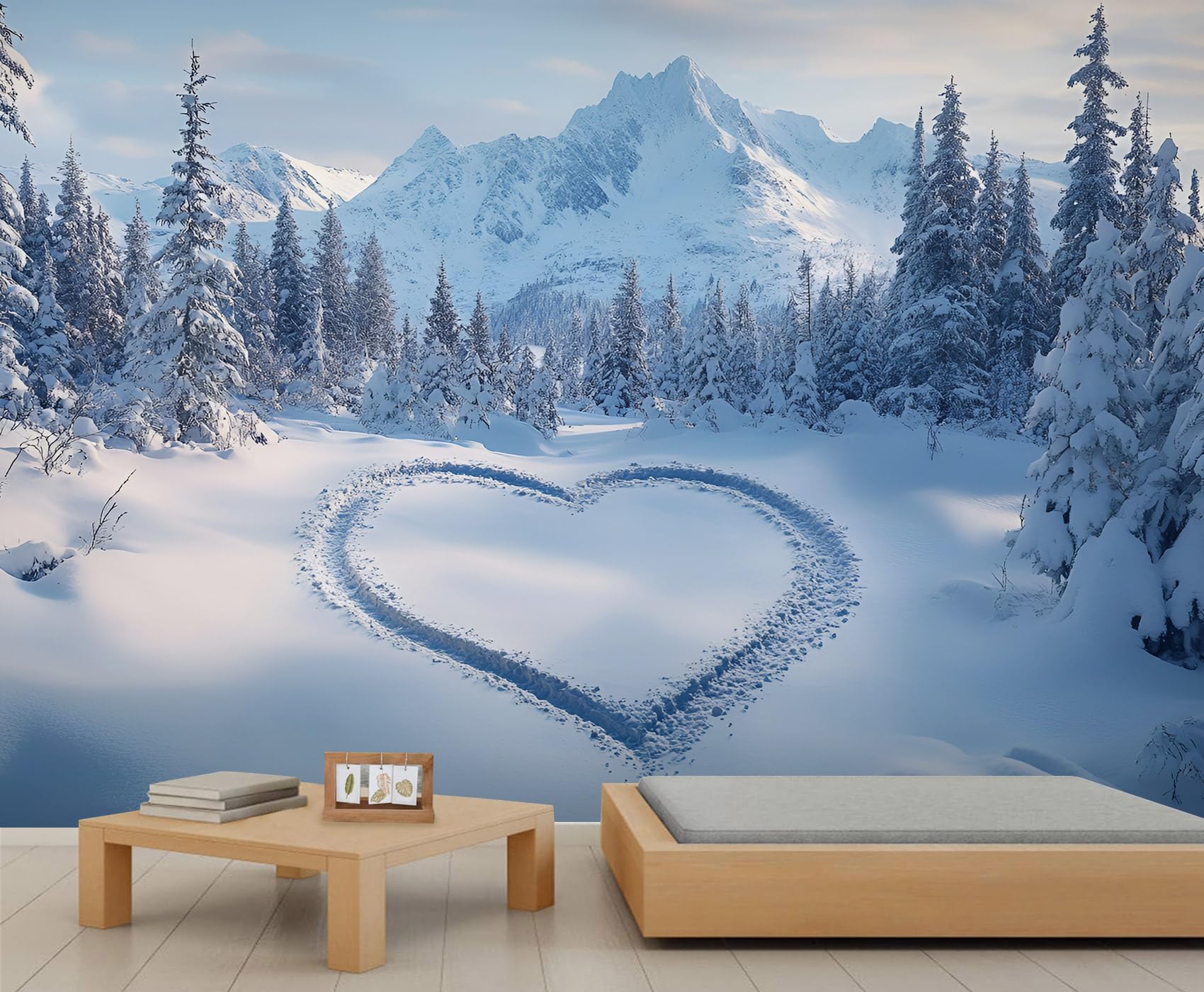Snow Mountain Wall Mural, Forest 3D Wallpaper, Heart-Shaped Pattern Mural for Farmhouse Living Room Bedroom Sofa TV Background Decor - 390x260cm — image 1
