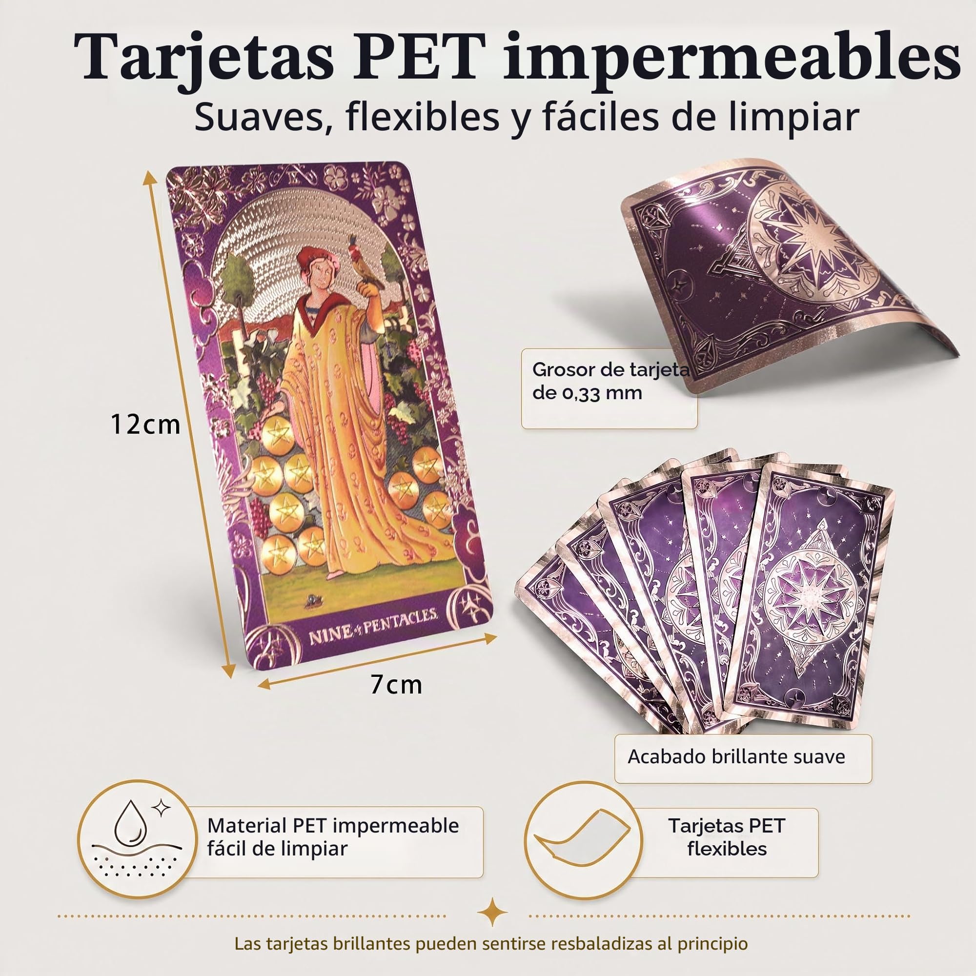 Baraja Tarot Rider Waite en Inglés, 78 Cartas con Lámina Dorada, Diseño Holográfico Impermeable Pet, 2 Cartas de Repuesto, Guía, Bolsa de Terciopelo y Caja de Regalo