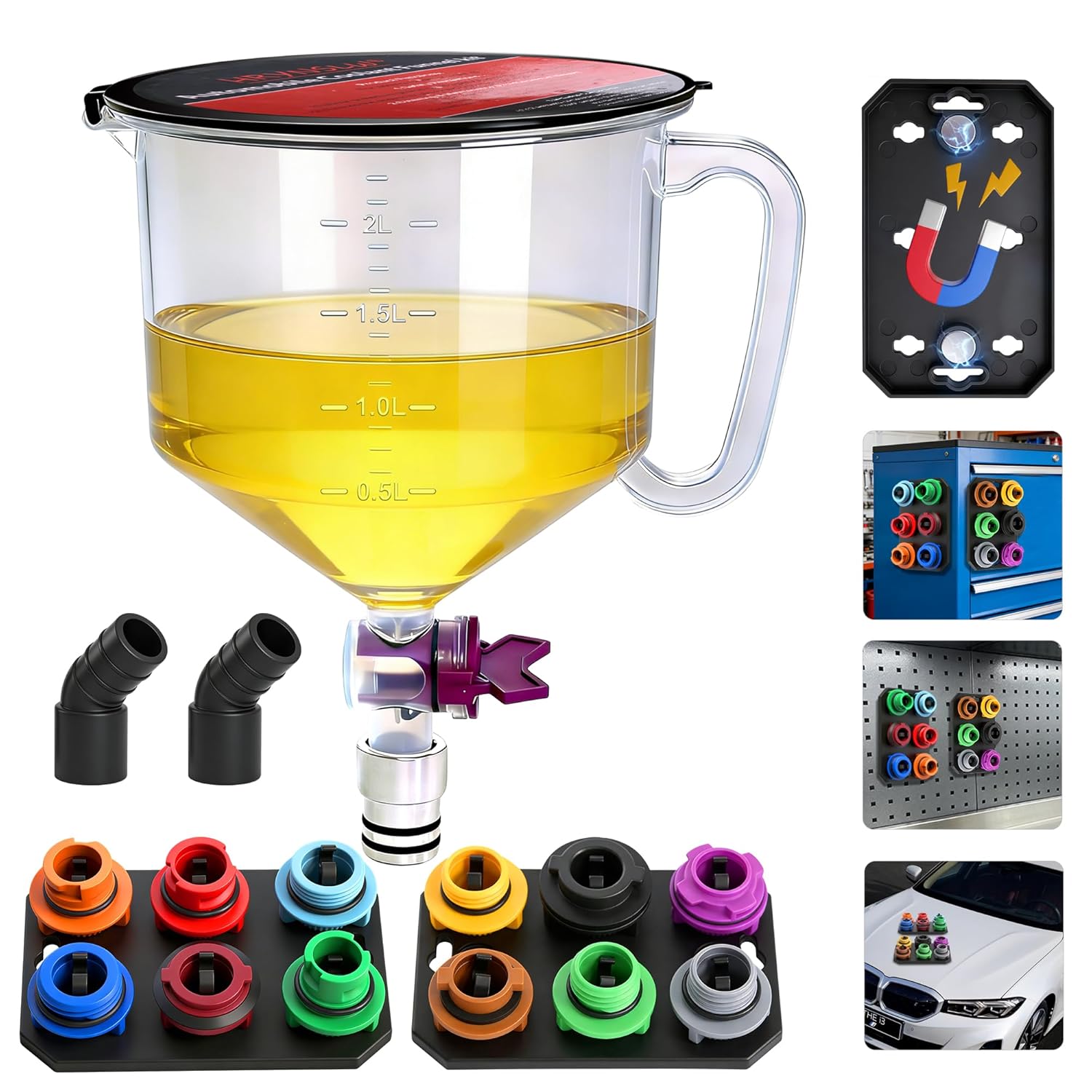 Oil Funnel Kit, 2.11QT/2L Oil Change Funnel with 12 Color-Coded Adapters, 2 Magnetic Storage Trays, 45° Elbows, Engine Oil Funnels for Universal Vehicle