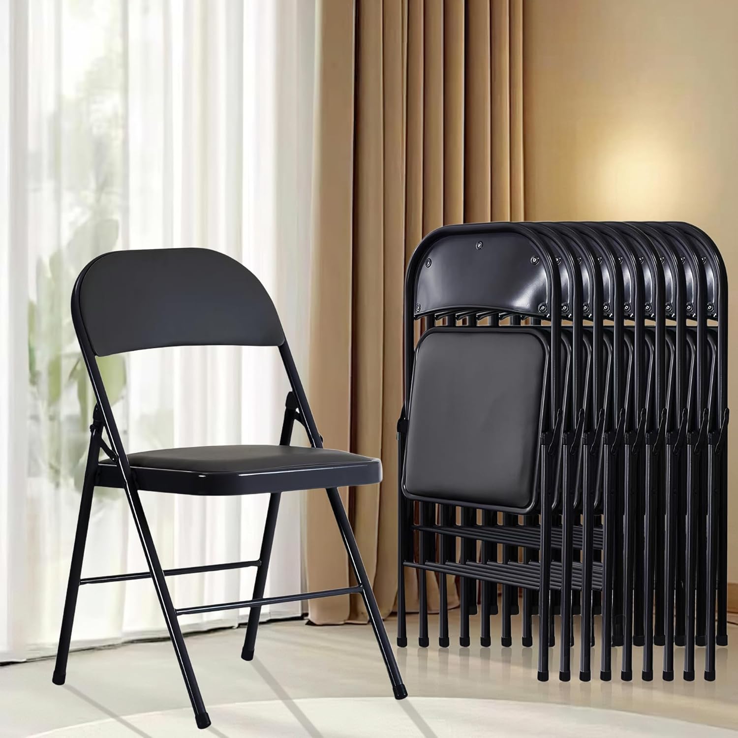 10 Pack Black Folding Chairs, Portable Heavy Duty Metal Frame Commercial Seat with Padded Cushion and Back, Foldable Outdoor Chairs for Party Kitchen Dining Events Wedding, 330 LBS Capacity