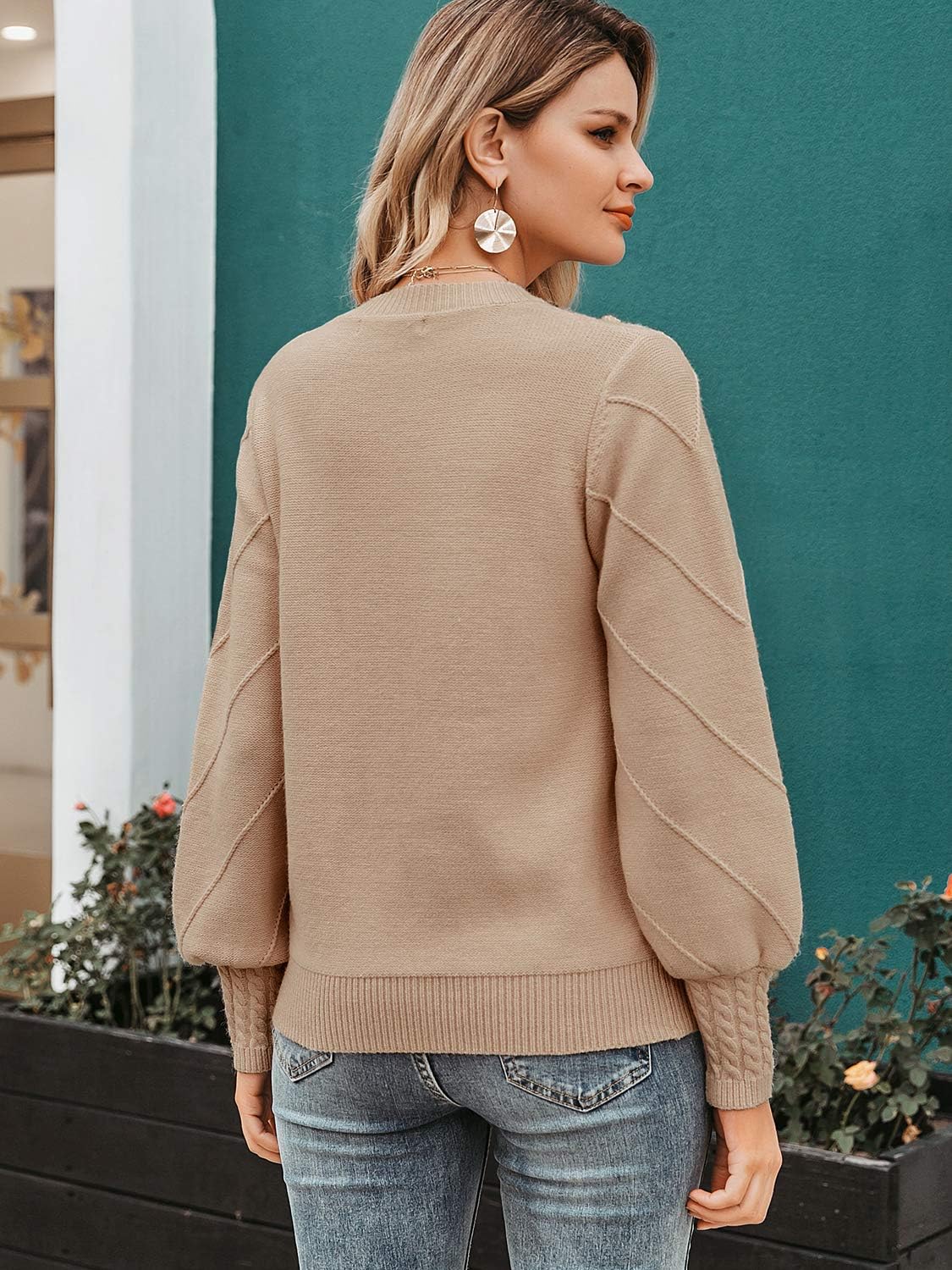 Miessial Women's Fall Crew Neck Pullover Sweater Cute Long Puff Sleeve Chunky Knit Sweater Pompom Jumper Top - Image 5