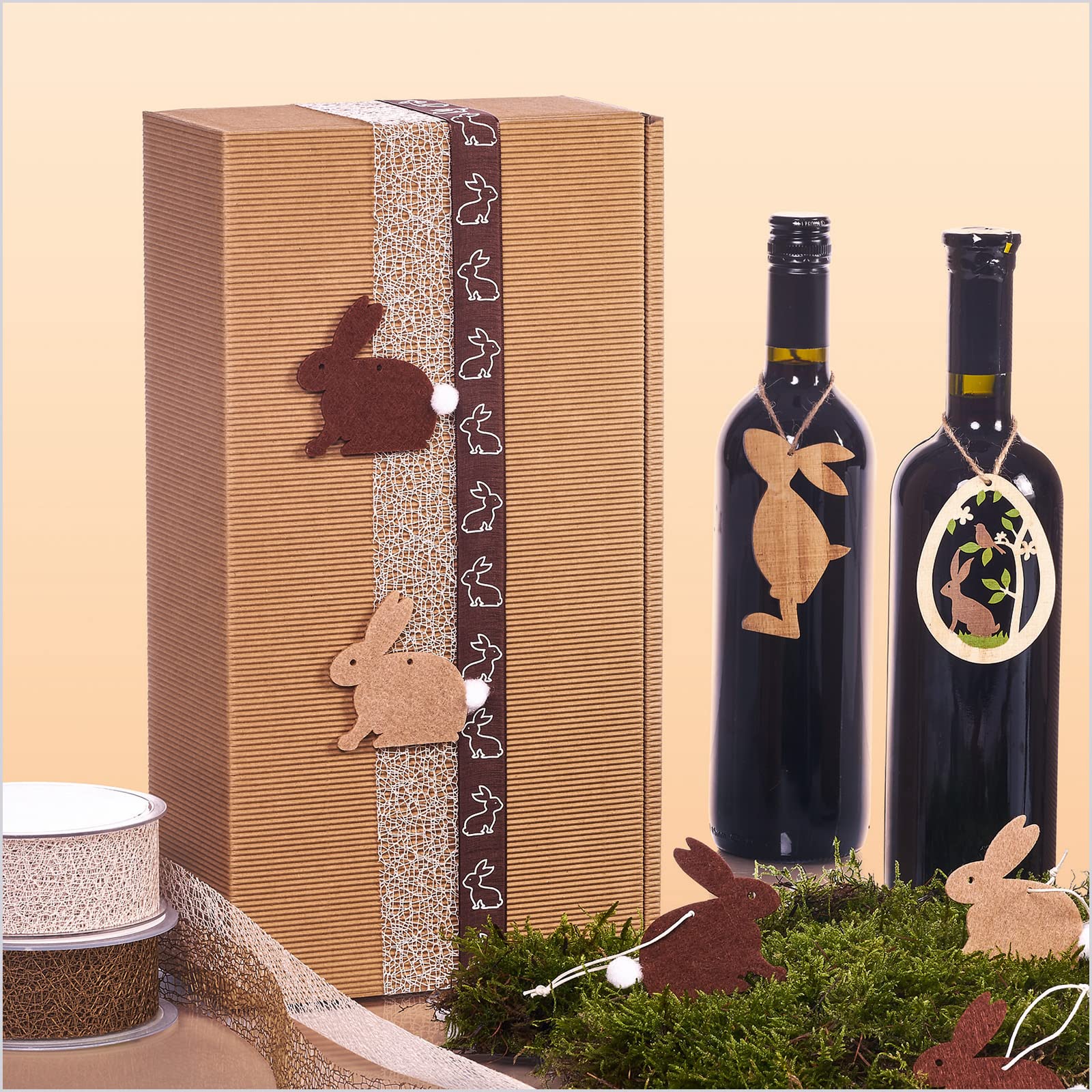 KK Verpackungen Präsentkarton 2 Flaschen 360x180x90mm | 1000 Stück, Weinkarton offene Welle Natur Braun | Geschenkverpackung Wein Sekt | FSC-zertifiziert, DHL-versandfähig