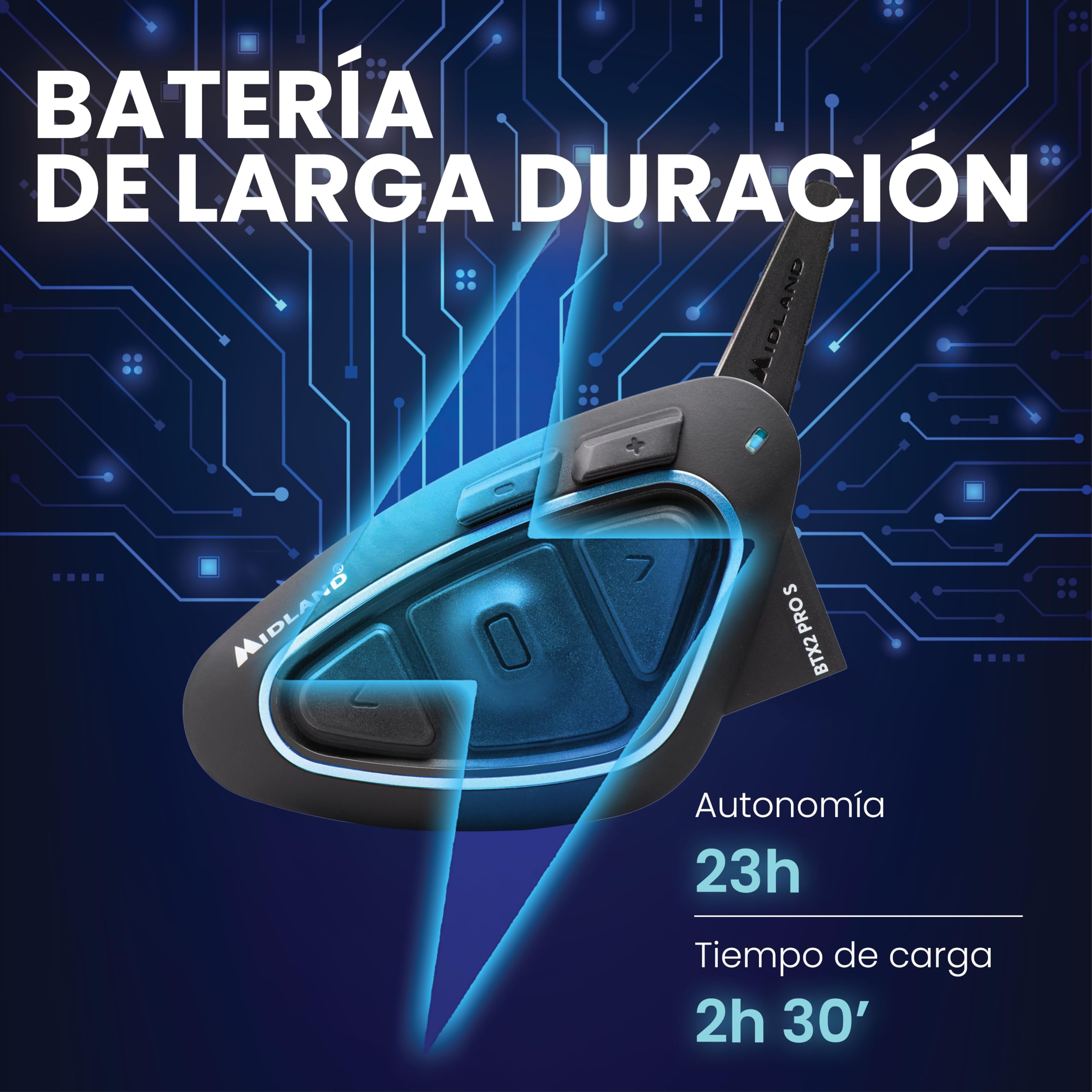 Midland BTX2 Pro S LR Single Intercomunicador Bluetooth para Moto | IPX6 Waterproof, Supresión de Ruido, Hasta 8 Personas, Batería 23h, Alcance 1.6Km
