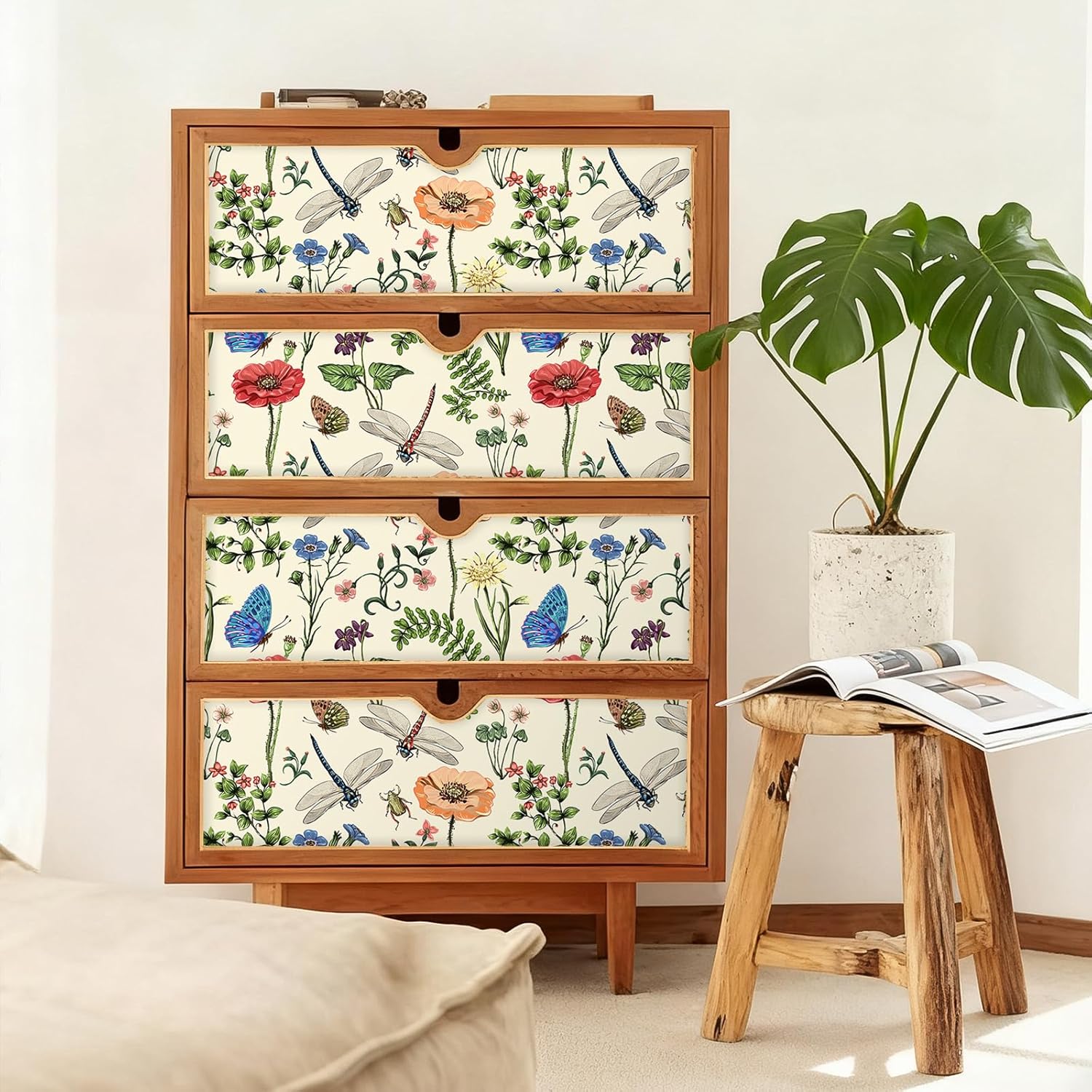 VEELIKE Vintage Wildflowers Peel and Stick Wallpaper with Insect 17.7''x354'' Boho Butterflies Floral Wallpaper for Girls Bedroom Removable Self Adhesive Botanical Floral Contact Paper for Walls