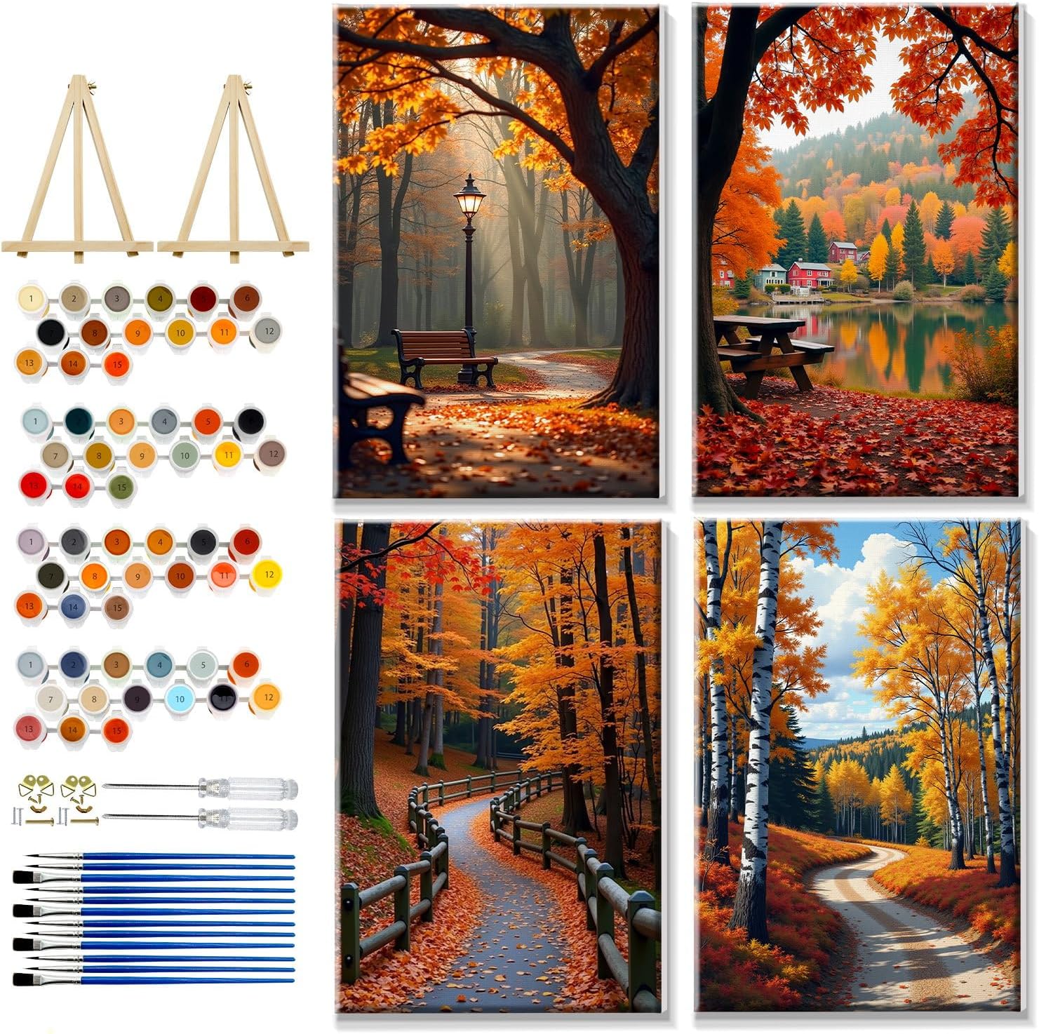 YOYA 4 Pack Framed Paint by Numbers Kit for Adults - Fall Forest Adult Paint by Number Kits on Canvas with Easel, DIY Autumn Landscape Paint by Number Framed Canvas for Home Wall Decor 8x12 Inch