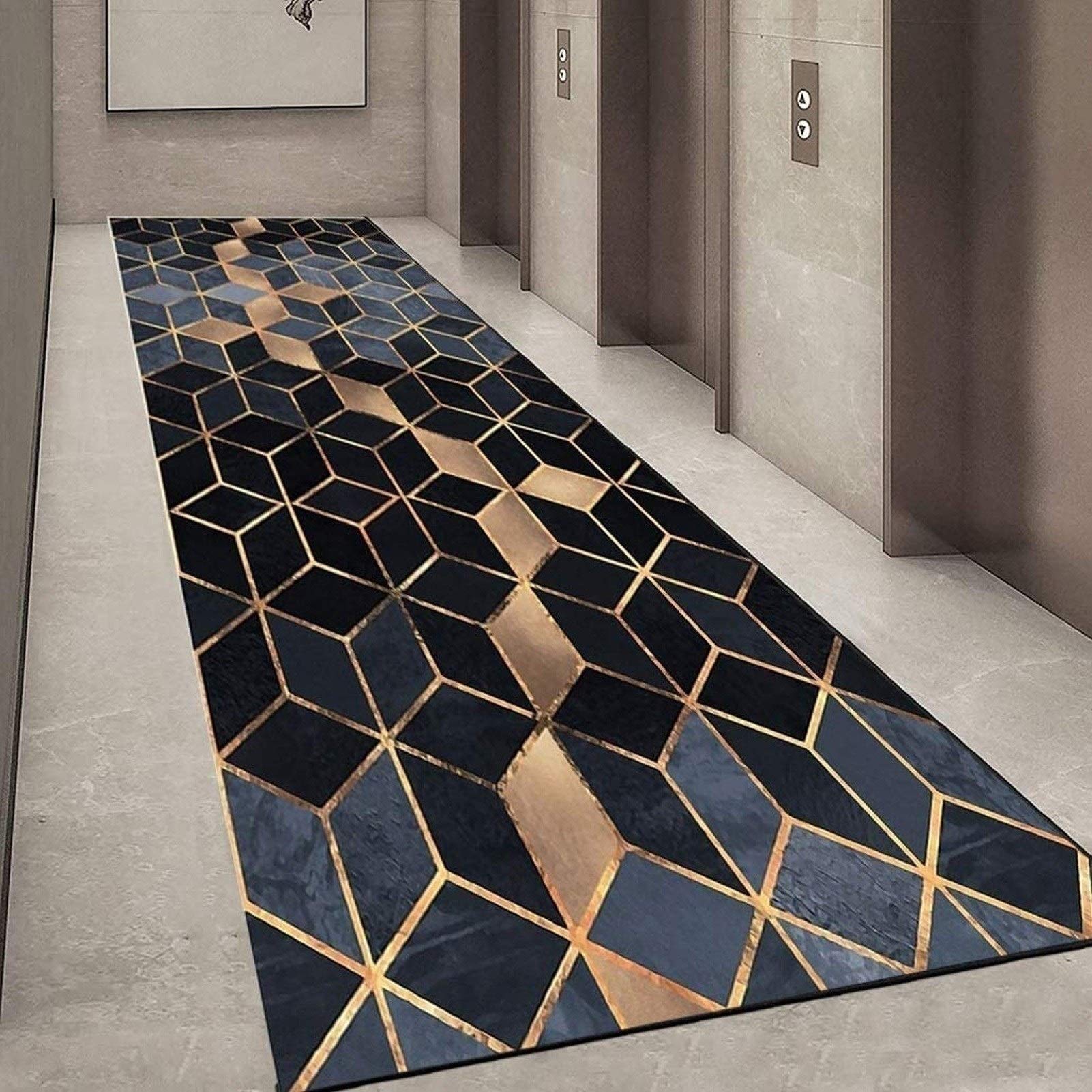 Long tapis de couloir moderne de luxe épais avec envers antidérapant pour couloir/porte/escaliers, noir, gris, doré, 120 x 450 cm
