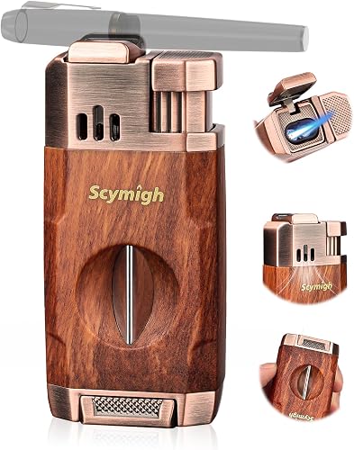 Dual Flame Jet Torch Lighter with V-Notch Tool and Holder, Refillable Butane, Adjustable Flame, Fuel Window, Compact Travel & Home Gift for Men