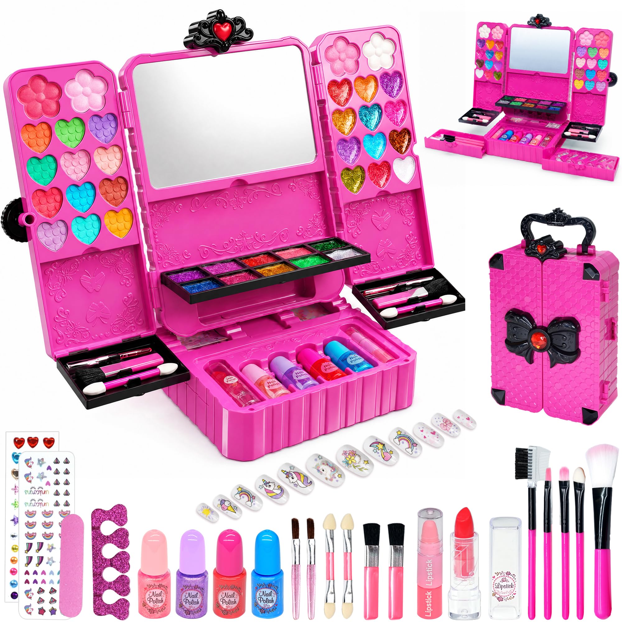 Kids Makeup Sets for Girls –Washable Toy Make up Set for Toddlers, Princess Beauty Make up Kit with Eye Shadow, Lip Gloss, Nail Polish & Cosmetic Case, Safe Non-Toxic Makeup Gift for Ages 4-12