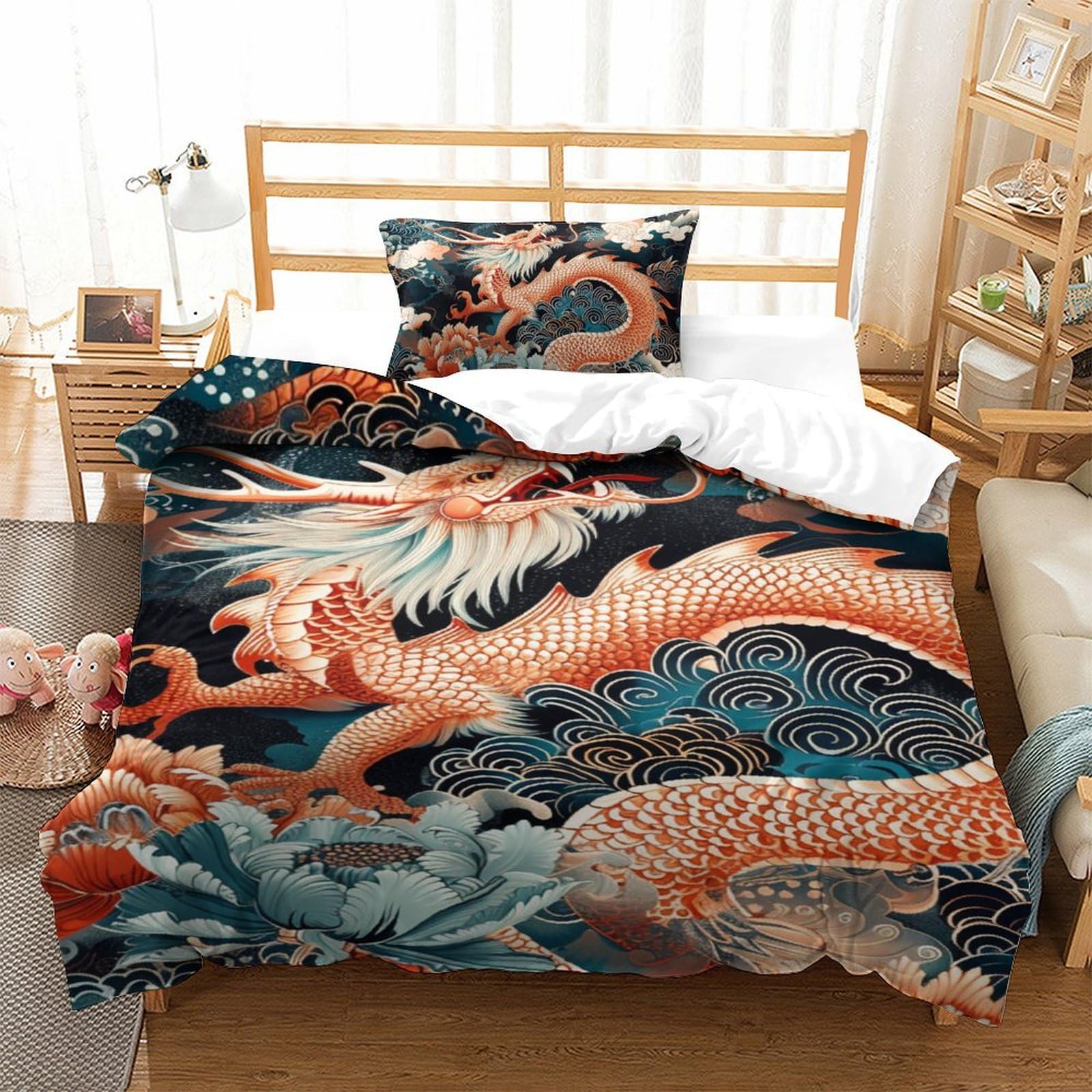 Housse de couette dragon 3D en microfibre 135x200 cm avec sa taie d'oreiller pour lit simple