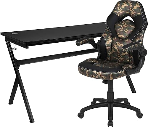 Miniatura 397 de Flash Furniture Juego de escritorio para juegos negro y silla de carreras blanco/negro con soporte para tazas, gancho para auriculares y soporte