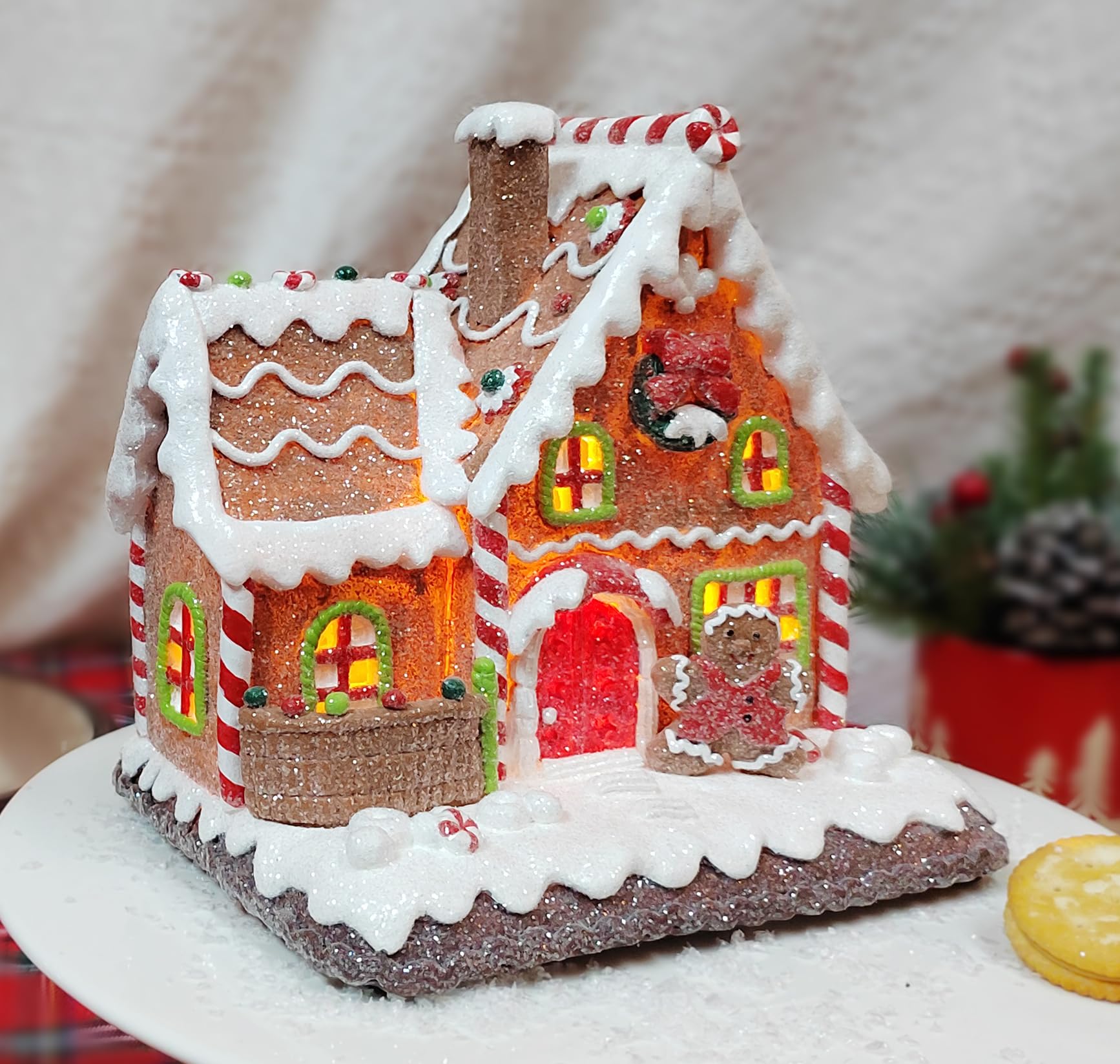 MOMENTS IN TIME7.5”H Gingerbread Village House - LED Lights, Battery Operated Christmas Village - Hand-Painted Polyresin