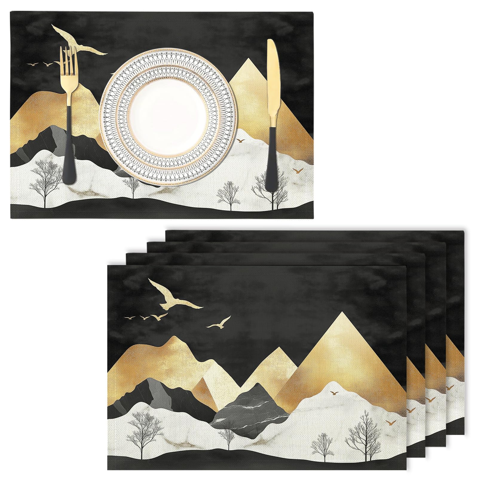 Set de table en tissu lin de coton haut de gamme, motif feuilles d'or
