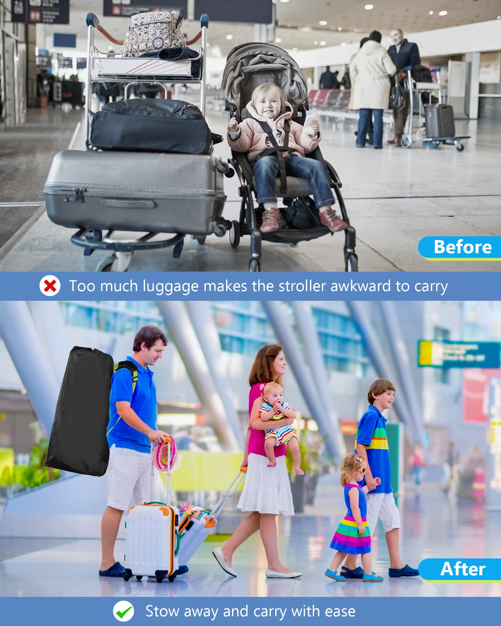 Grande borsa per passeggino per aereo, borsa da viaggio impermeabile per passeggino, borsa da viaggio per passeggino singolo/doppio con manico e chiusura a coulisse, copertura per passeggino