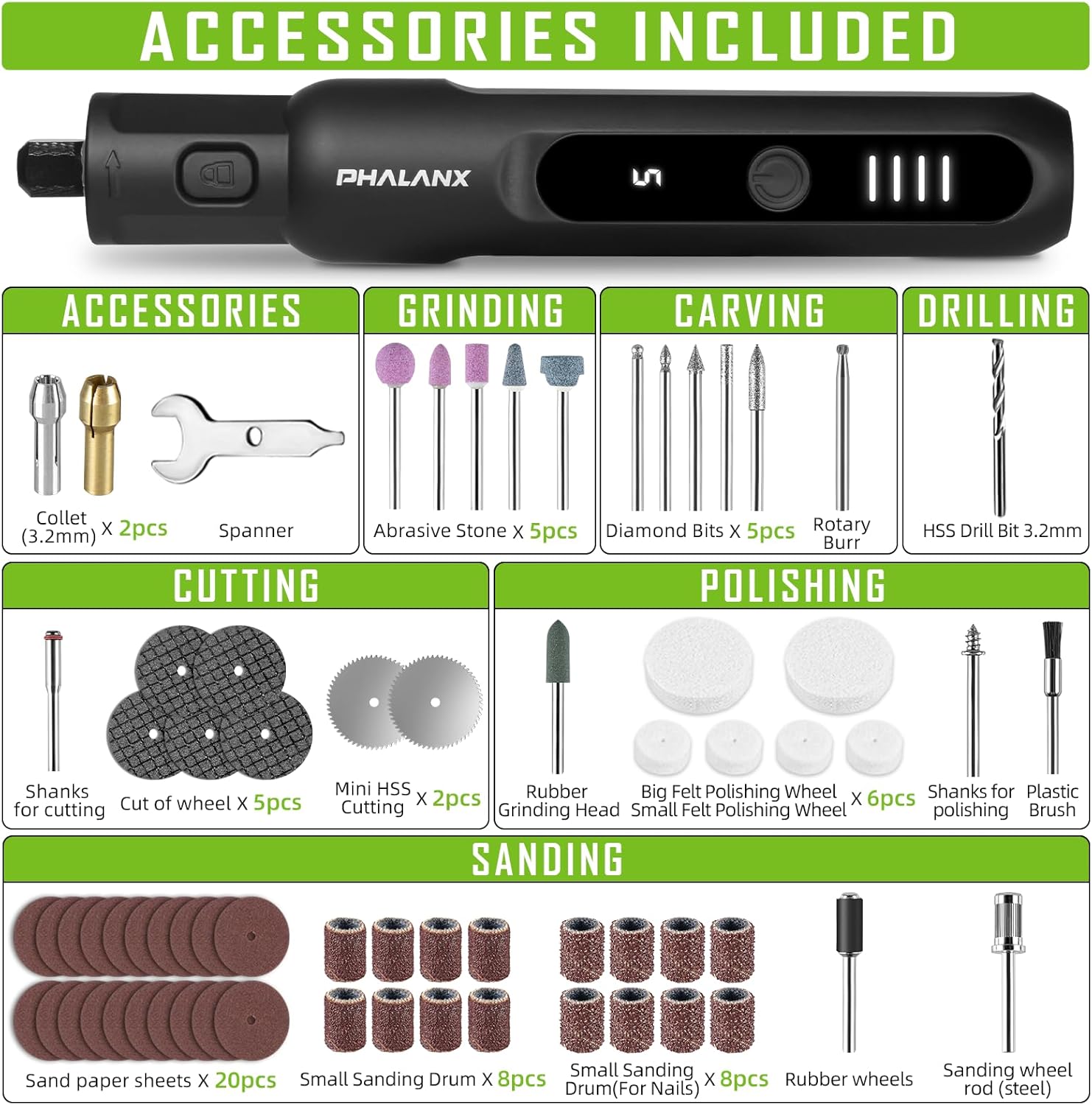 Detailed breakdown of 70 accessories included with the PHALANX rotary tool