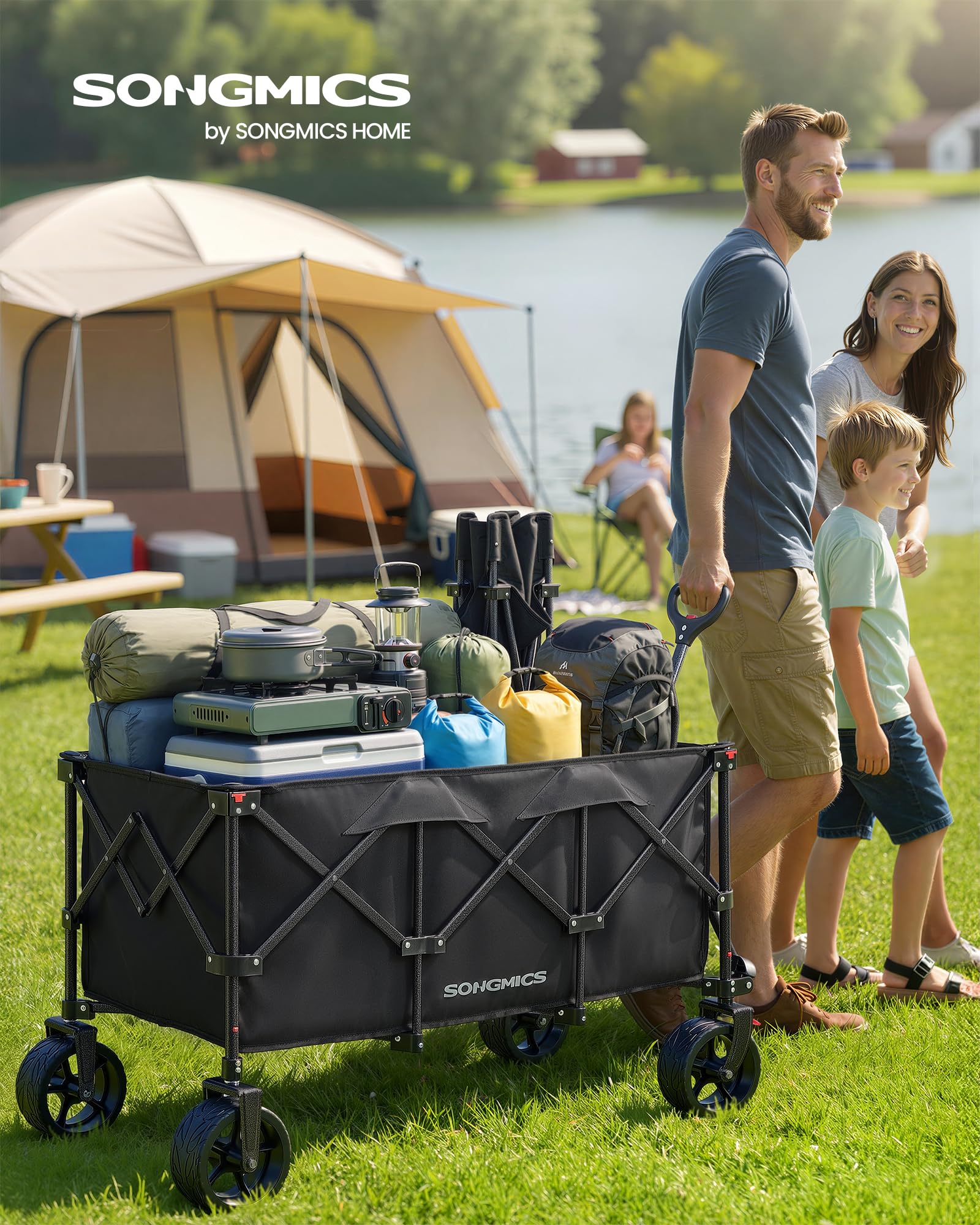 SONGMICS Carro de Mano Plegable con Asa, 4 Ruedas Desmontables, Carro de Jardín para Exterior, Playa, Camping, Carga de 150 kg, 200 L, Negro Tinta GFW200B01