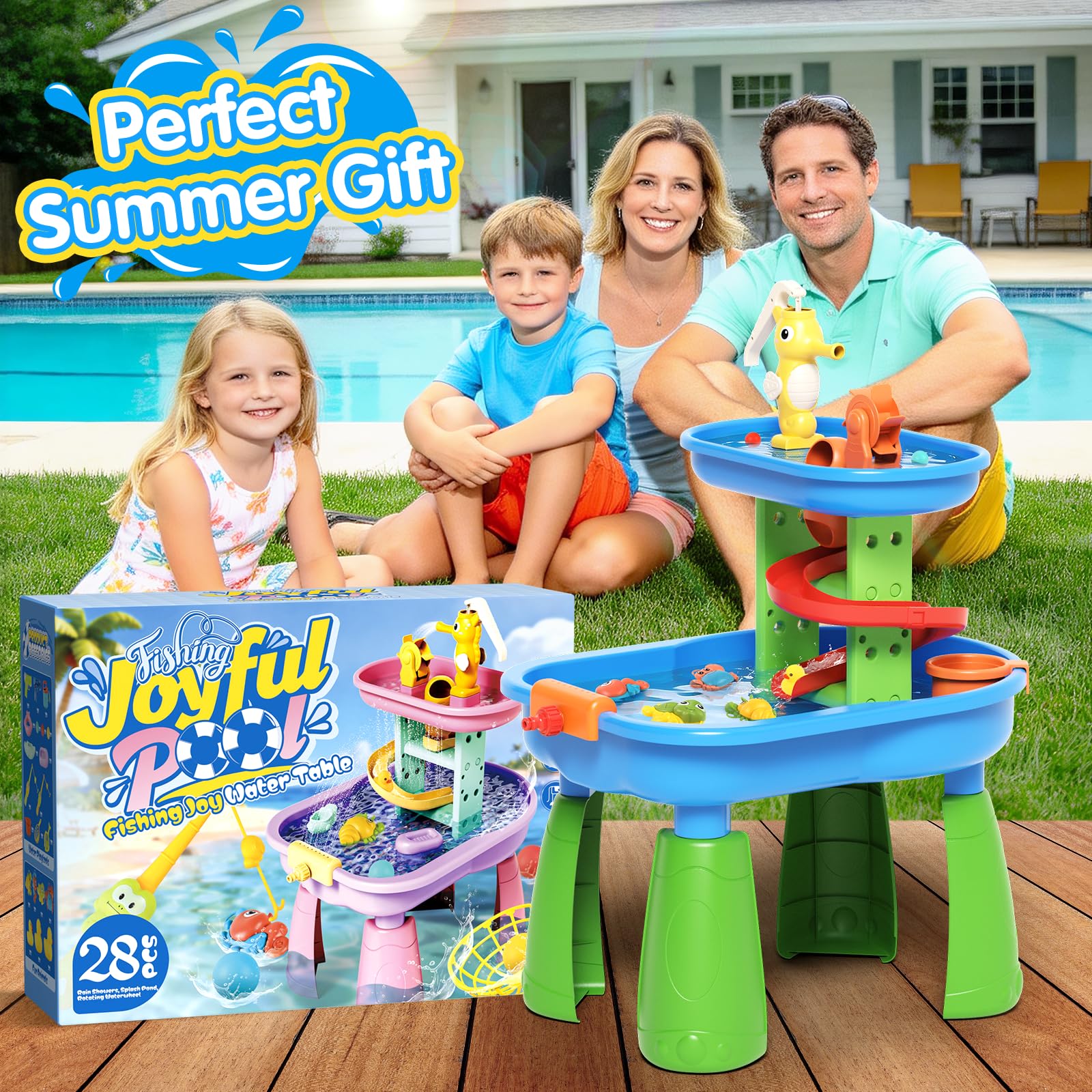 Table à Eau pour Enfants - Table Sensorielle avec 28 Accessoires de Jeu, Table de Jeu d'Extérieur avec Jet d'Eau Effet Pluie, Jouet Éducatif STEM pour Garçons et Filles de 3 à 8 Ans