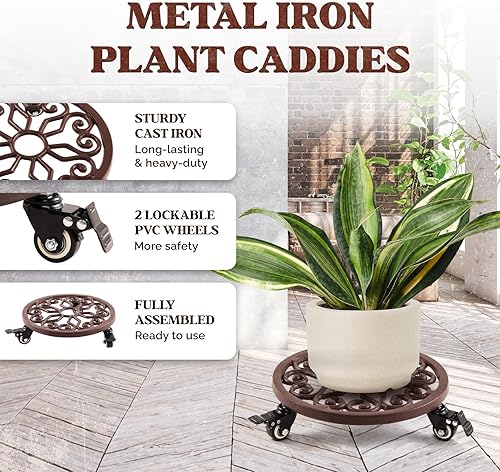 Miniatura 2 de Idzo Carrito de alta resistencia con capacidad de 350 libras, organizador para macetas con ruedas, soporte para plantas de hierro fundido resistente