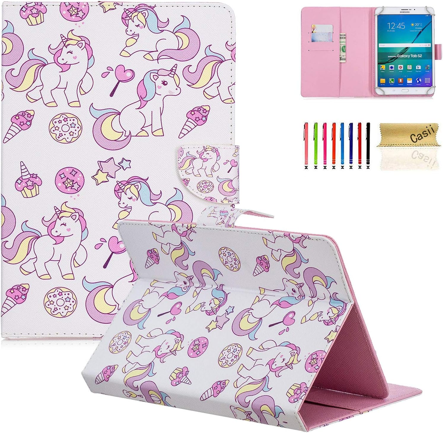 Casii Universal Case for 8 Inch Tablet, [Cards Slots] Colorful Protective Premium Leather Cover for 7.5-8.5 Inch Amazon Kindle,Samsung Galaxy Tab,Lenovo,Huawei,Asus,Windows Tablet, Ice cream Unicorn