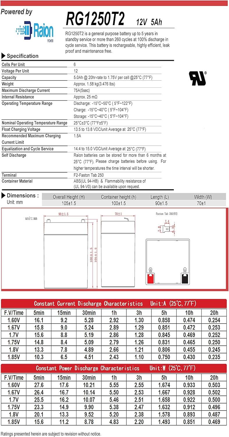 Raion Power RG1250T2 12V 5Ah APC SMART-UPS DLA3000RM2U Replacement UPS Backup SLA Battery - 8 Pack