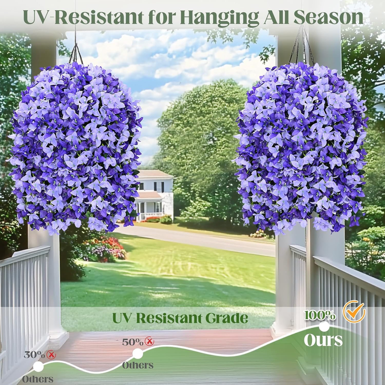 Artificial Flowers for Outdoors - 8 Pcs UV Resistant Realistic Faux Silk Bougainvillea Flowers, Fake Hanging Plants for Porch Patio Balcony Decoration (White & Purple)