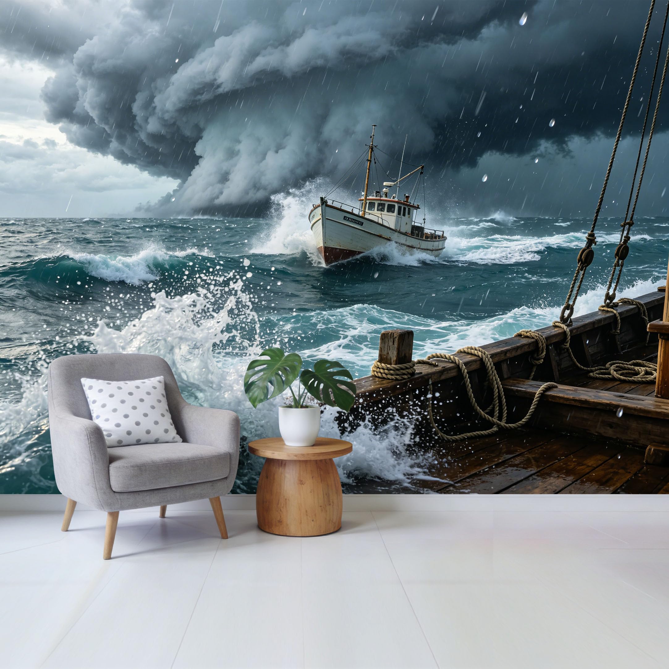 Custom Size Wall Mural Dramatic Ocean Storm with Fishing Boat Waves Rainy Seascape Marine Style Removable Self Adhesive Fabric Home Wall Decor for Living Room Bedroom Bathroom