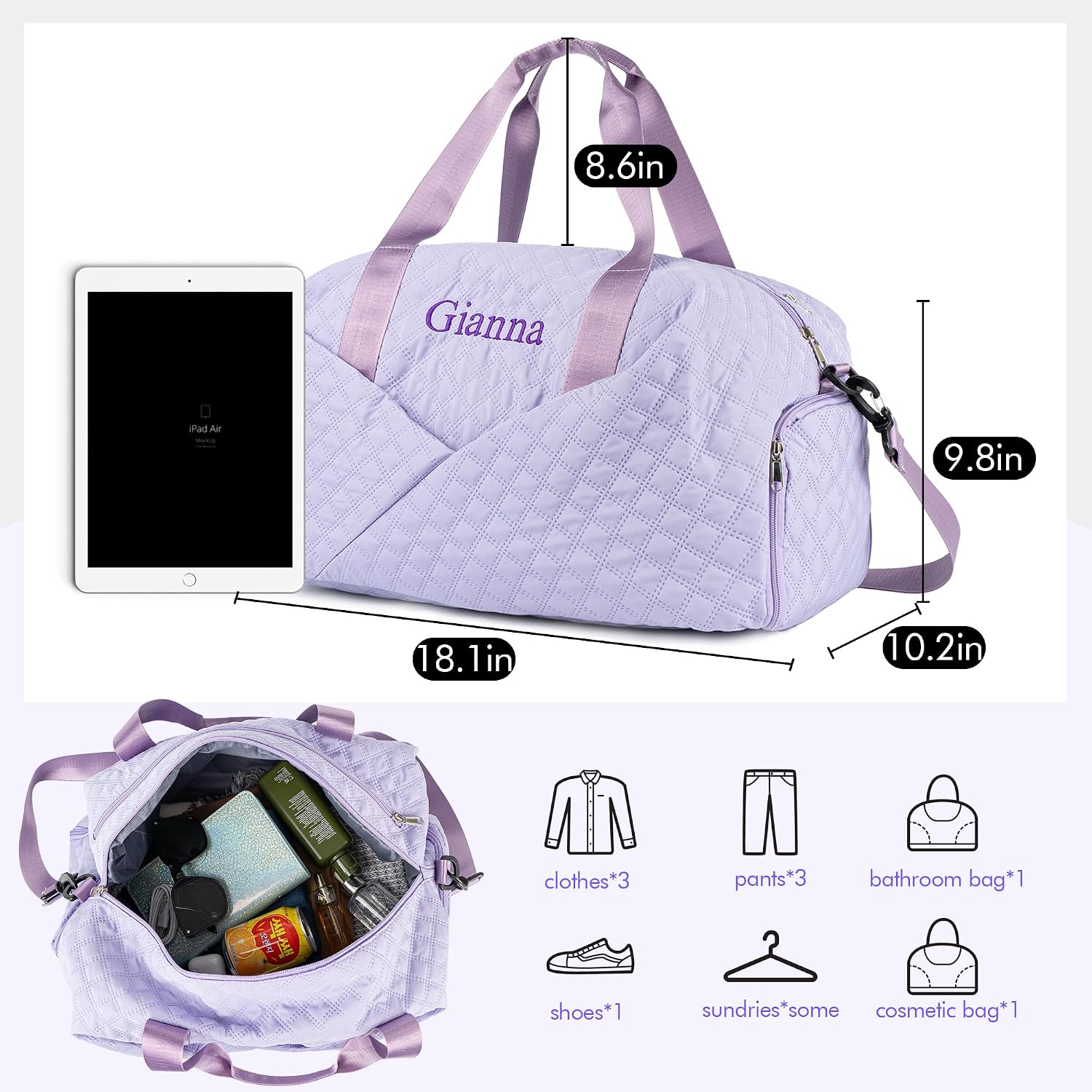 Quilted Duffle Bag for Women Girls - 30L, Personalized Weekender Overnight Bag with Shoe Compartment & Wet Pocket - Carry On Gym Bag with Name, Custom Gifts for Bridesmaid Mother (Purple)