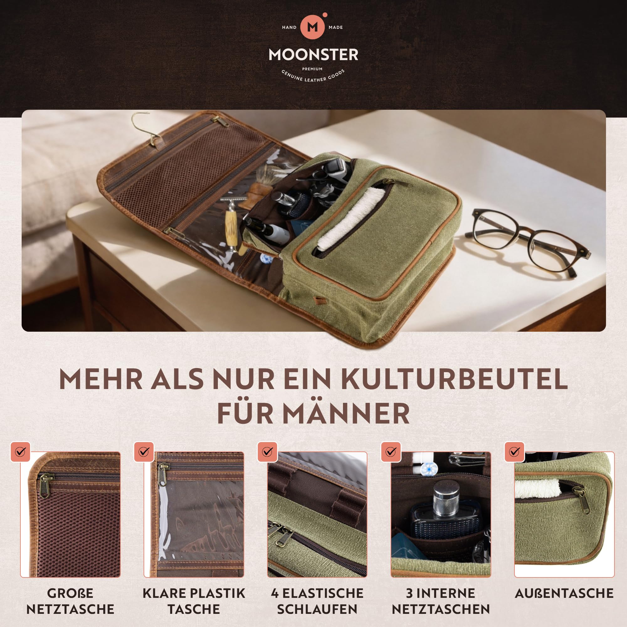 Moonster Kulturtasche Damen & Herren - Kosmetiktasche aus Echtem Büffelleder - Faltbarer Kulturbeutel Herren zum aufhängen - Tabaktasche mit Mehreren Taschen, Messinghaken & YKK-Reißverschlüsse