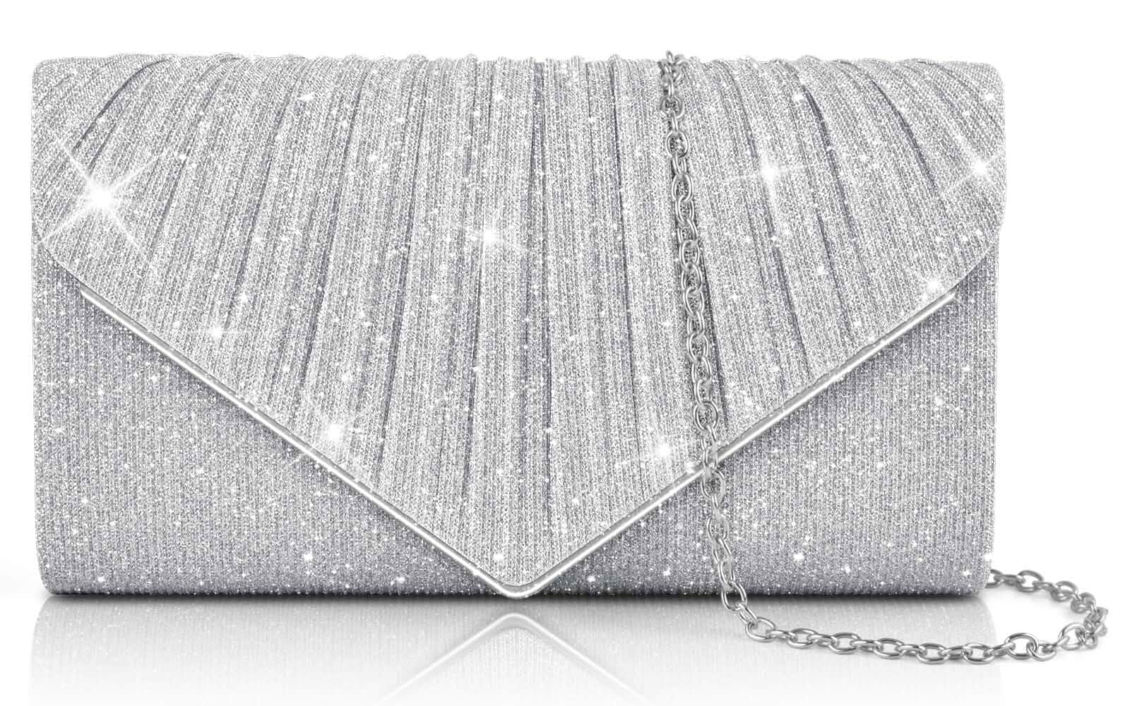 PACETAP Clutch Purses for Women, Shiny Sequin Envelope Evening Bag Handbags with Chain, Fashion Purse for Formal Dressy Wedding Cocktail Prom Party(Silver)