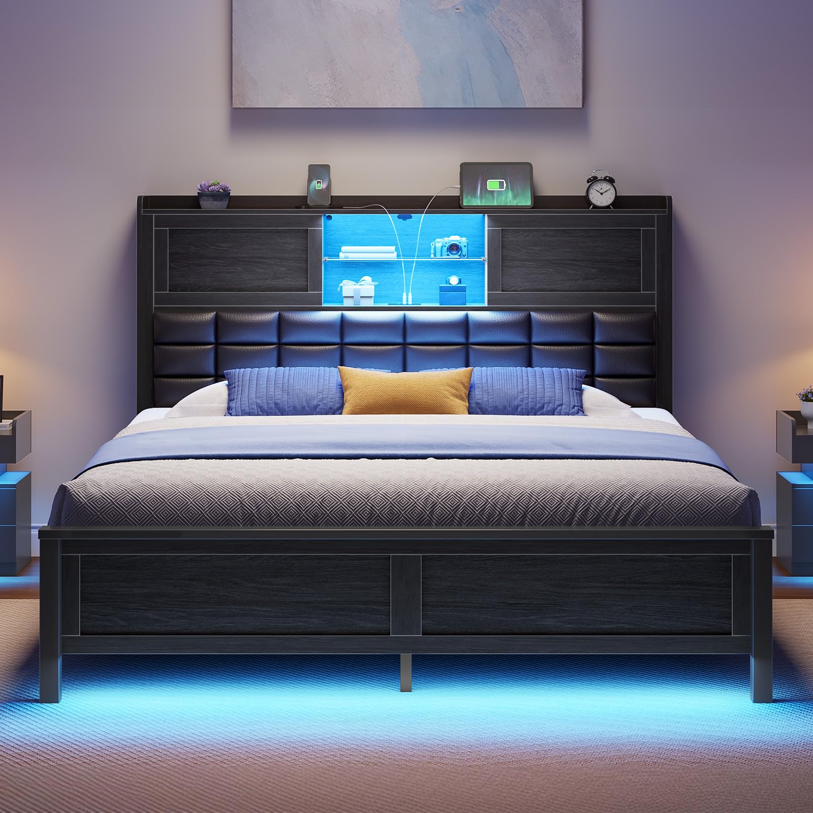 ベッドフレーム シングル ベッド LEDライトと充電ステーション付き Amazon｜Rolanstar ベッドフレーム フルサイズ 充電ステーション付き