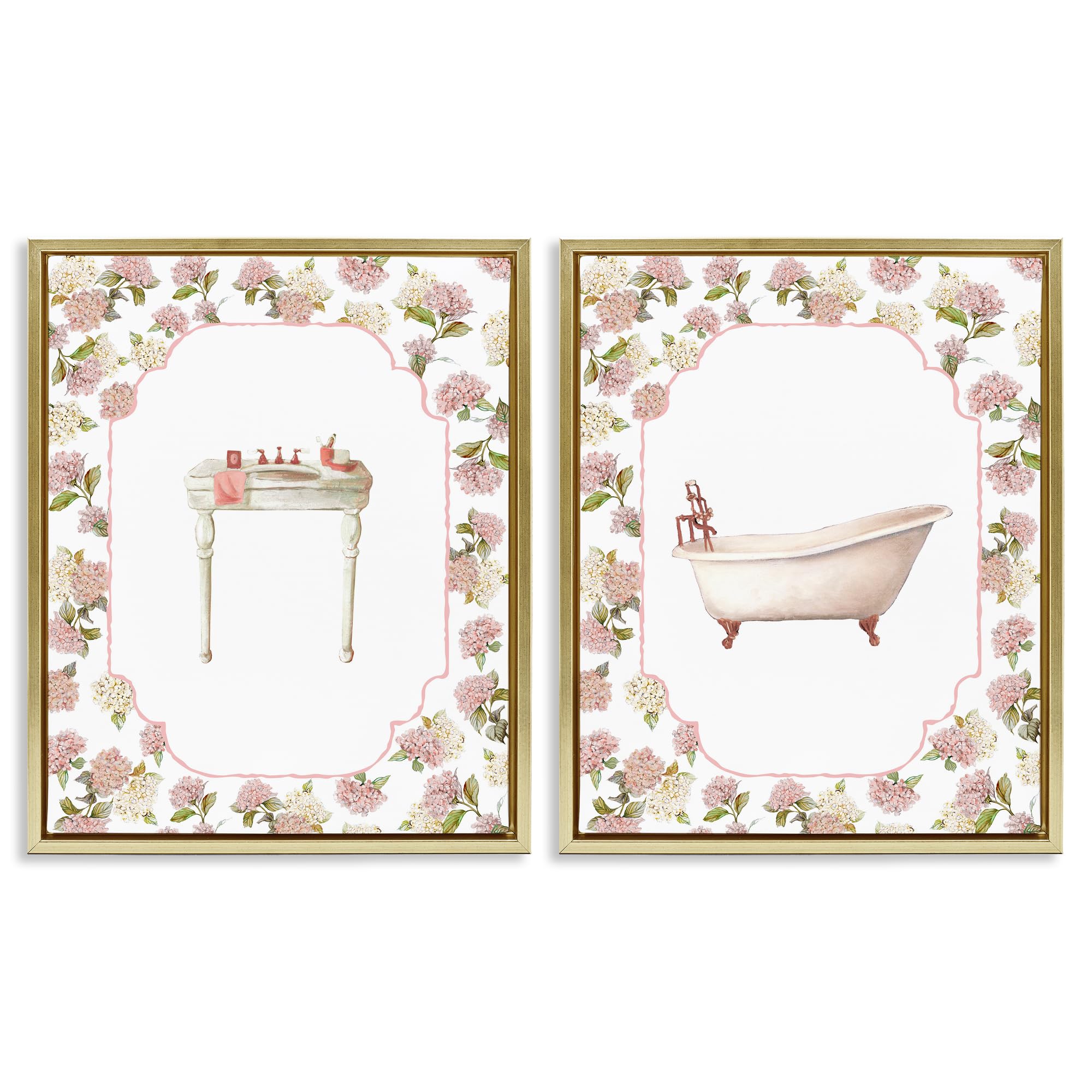 Stupell Industries 'Elegant Hydrangeas Bathroom', 2pc Floating Frame Art Set 2, Gold, 25 x 31 Inches, Easy to Hang and Sturdy, Made in USA, by Carol Robinson