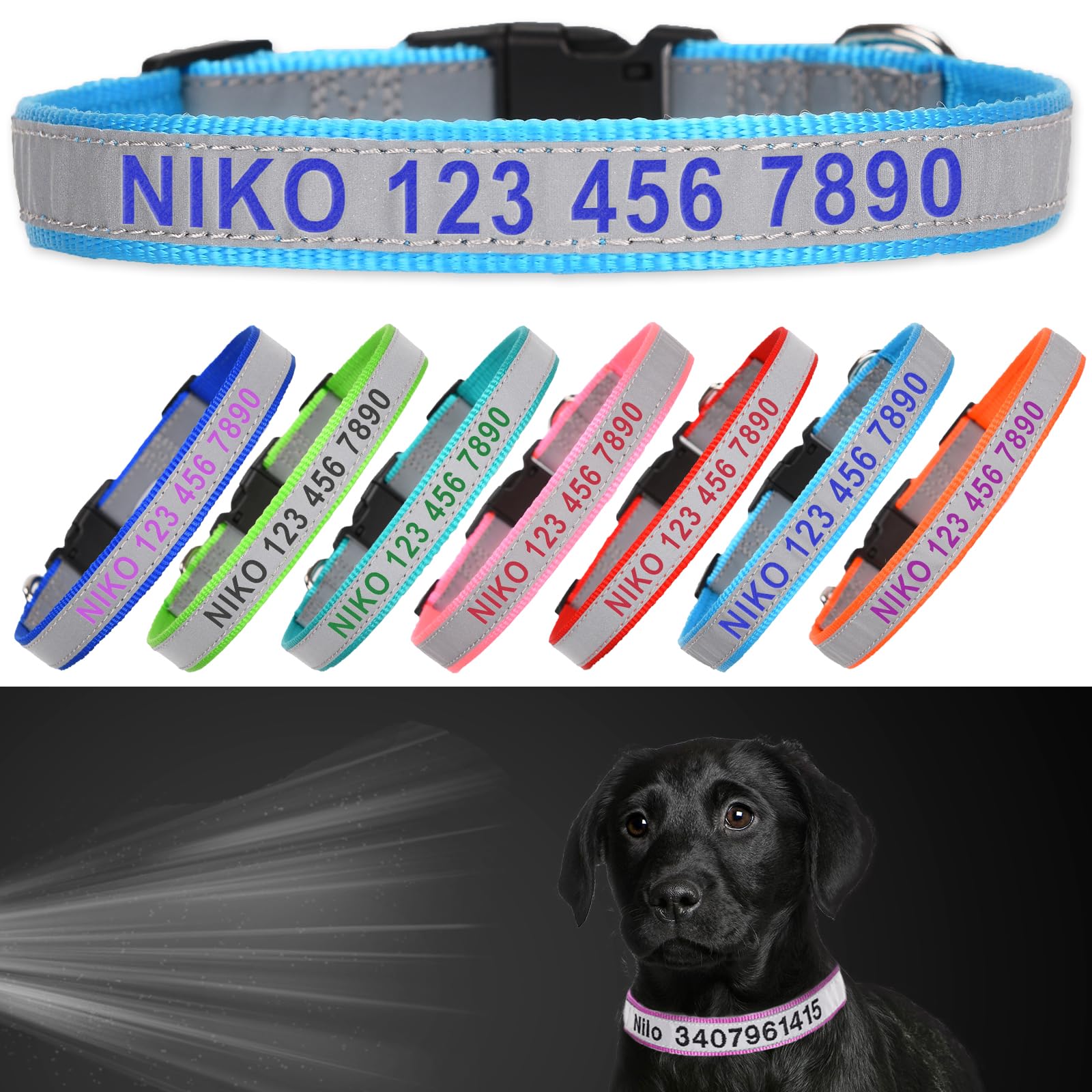 Reflective Personalized Dog Collar - Custom Embroidered Pet Name and Phone Number with Adjustable Nylon Buckle Collars in 5 Sizes XS to XL for Boy and Girl Dogs,Puppy,Sky Blue