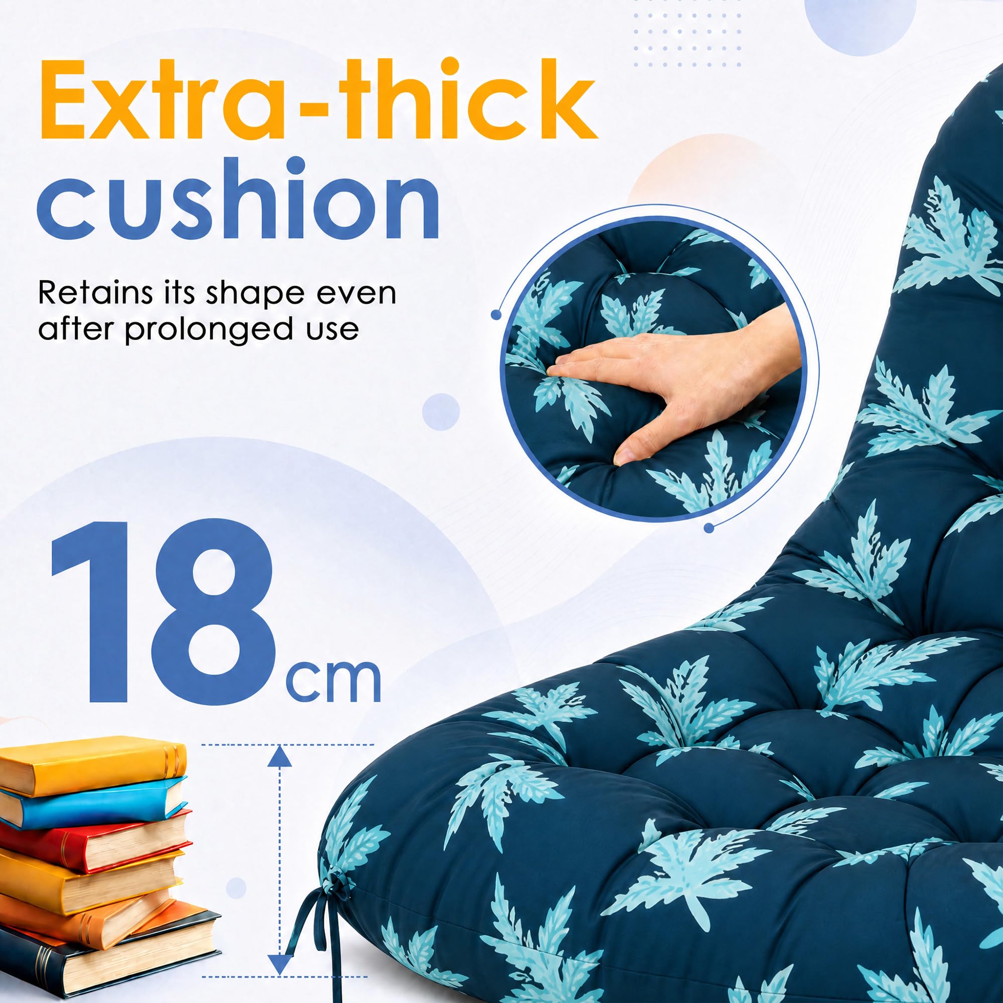Cojín para silla colgante exterior, 18 cm de grosor, impermeable IPX2, resistente a los rayos UV, cojín extra grueso para silla colgante, cojín para silla de huevo y mecedora, jardín, terraza, balcón